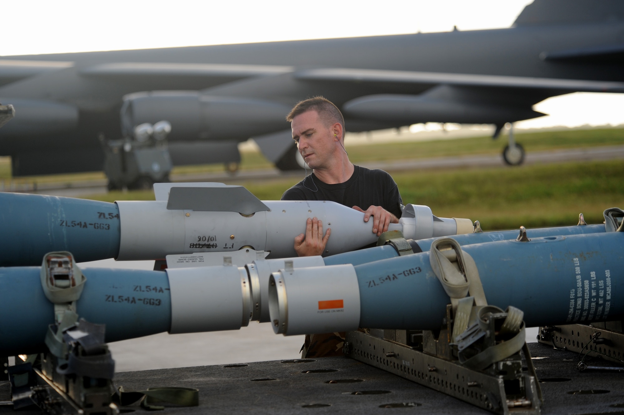 Tech. Sgt Jamie Mikus, 23rd Expeditionary Bomb Squadron weapons loader deployed from Minot Air Force Base, N.D., prepares an inert GBU-31 to be loaded onto a B-52 Stratofortress Nov. 26, at Andersen Air Force Base, Guam during the Aces North exercise. Aces North is a two week mission employment phase of the Australians version of the U.S. Air Force Weapons School.   The exercise is scheduled to end Dec. 4. The bomber's participation in constant training helps emphasize the U.S. bomber presence, demonstrating U.S. commitment to the Pacific region.


(U.S. Air Force photo/ Master Sgt. Kevin J. Gruenwald) released



















  












 

























.
(U.S. Air Force photo/ Master Sgt. Kevin J. Gruenwald) released


















  












 

























