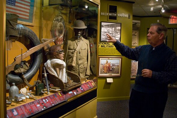 Enlisted Heritage Hall curator Bill Chivalette talks about plans to deepen the World War I exhibit, along with other exhibits in the original museum building, to provide more space for artifacts and displays. The museum offers vignettes of all aspects of enlisted involvement in early flight, the Army Air Corps and the Air Force. (Air Force photo by Jamie Pitcher)