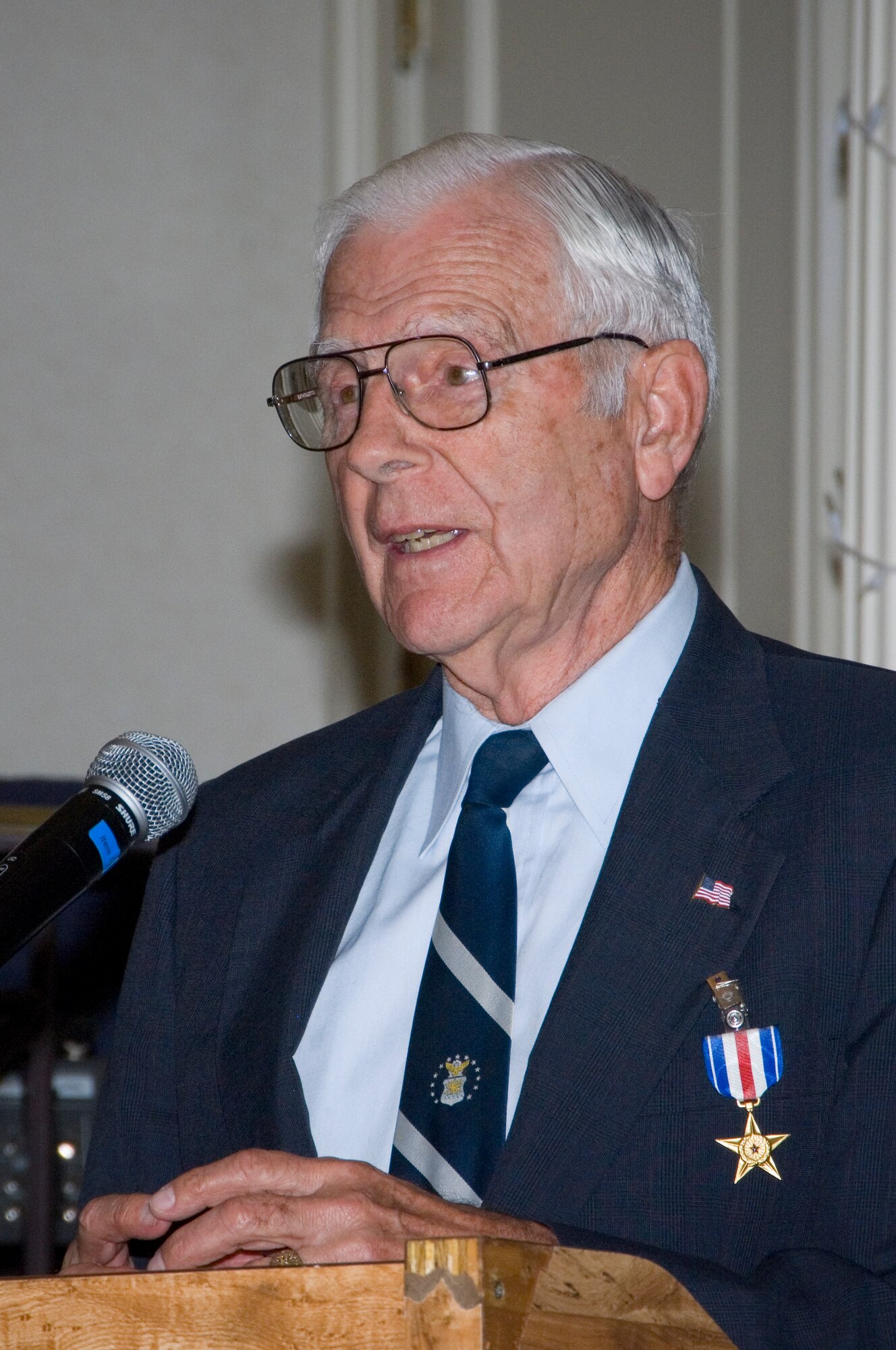 Retired Air Force Lt. Gen. Charles Cleveland speaks at the Maxwell Officers Club after receiving a Silver Star for his actions 56 years ago. (Air Force photo by Melanie Rodgers)