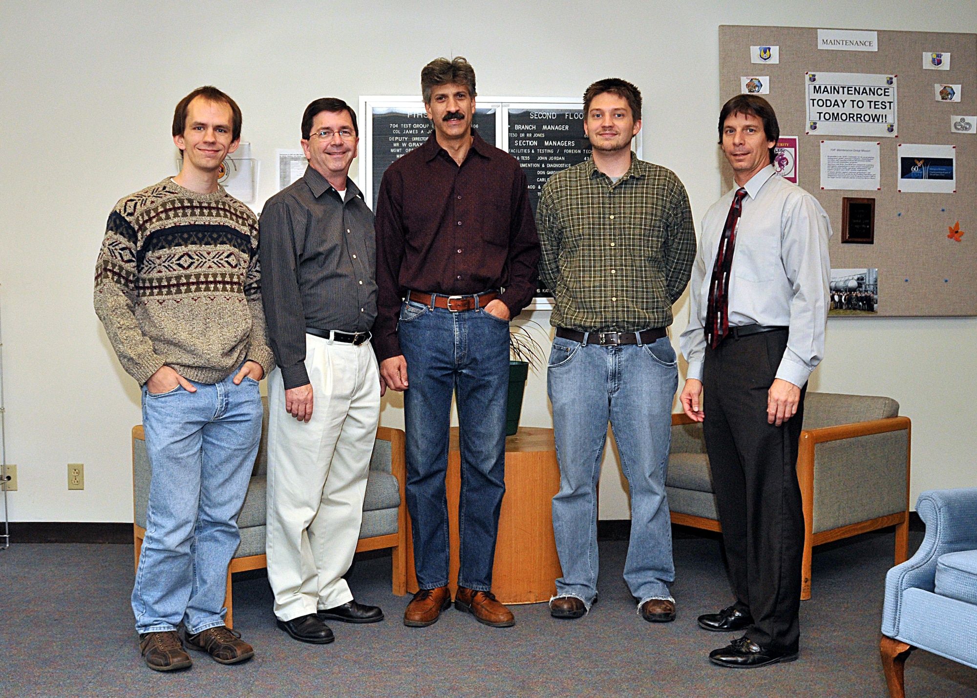 Left, AEDC’s Brett Ables, Mark Chappell, Dr. Pete Cento, Brian Binkley, Dr. Don Malloy and Paul Burns (not pictured) were recognized with a Billy J. Griffith award during the local Tennessee AIAA section 2008 awards ceremony AIAA held at the ALC. (Photo by Rick Goodfriend)