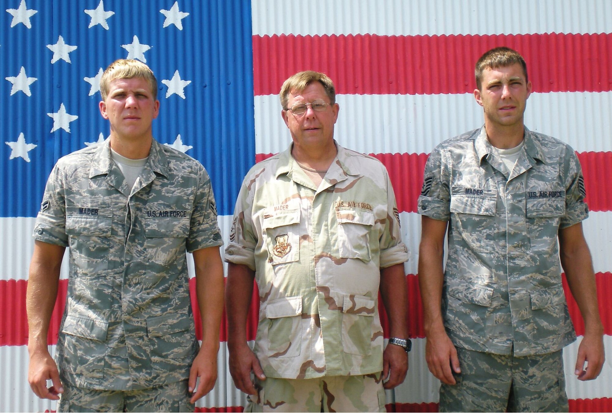 These Three members of the Mader family are members of the Iowa Air National Guard and all of them were overseas at the same time this summer, in the front lines of the war against terror. From left are Airman 1st Class Anthony Mader, of Ames: Tech Sgt. William Madder, o Fort Dodge; and Tech Sgt. Benjamin madder of Nevada. Anthony and Benjamin are members of the 132nd fighter Wing. Their father, William is a member of the 185th Air Refueling Wing.