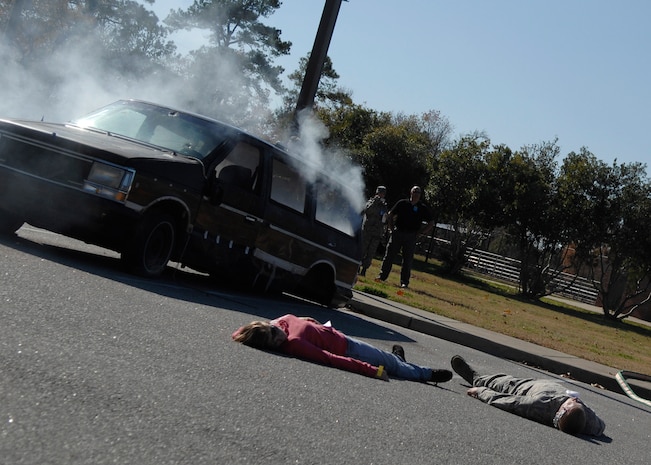 Charleston AFB conducted a major accident response exercise to test how Airmen respond to a simulated explosion caused by an improvised explosive device on Charleston AFB Dec. 2. (Air Force photo/Airman 1st Class Katie Gieratz)
