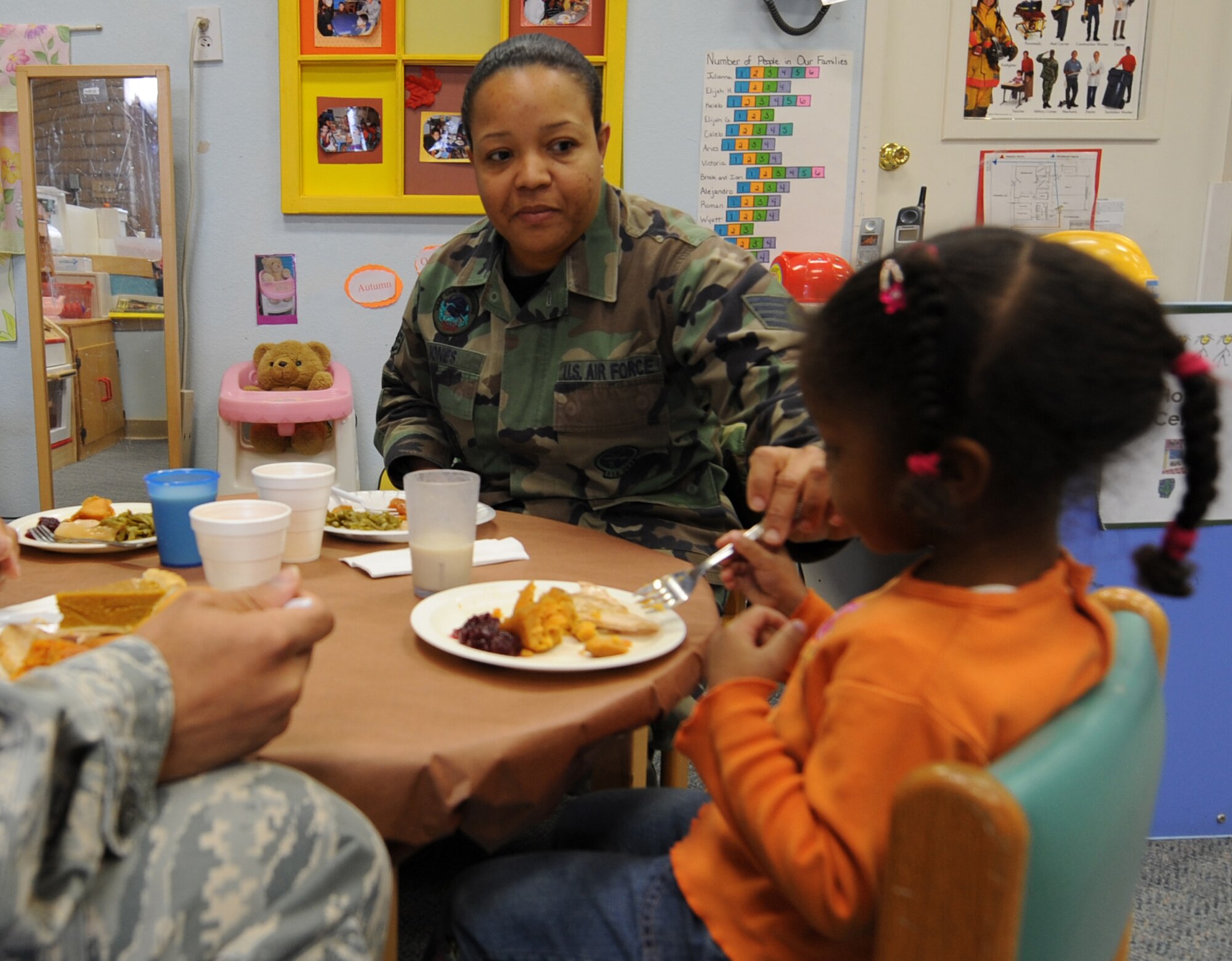 Staff Sgt. Nicole Jones, 49th Civil Engineer Squadron, attends the annual Family Feast with her daughter, Rachel, at a Child Develpoment Center at Holloman Air Force Base, N.M., Nov. 24. Parents were invited to come have lunch with their children at the CDC in support of Military family Appreciation Month. (U.S. Air Force photo/Airman 1st Class Michael Means)