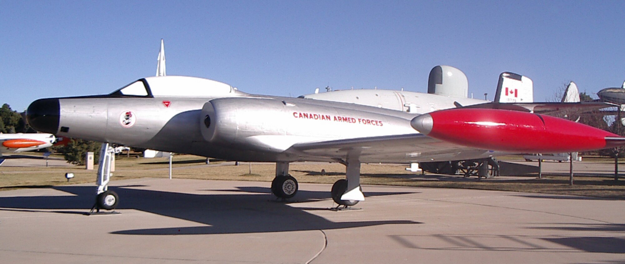The Peterson Air and Space Museum's CF-100 "Canuck" aircraft gleams from a new coat of paint after a recent restoration.  The Canadian-built CF-100 served Canada as a two-seat, all-weather jet fighter from 1952 to 1981, providing air defense of the North American continent from enemy bomber attack.  Canucks also equipped Canadian fighter squadrons based in Europe supporting the NATO alliance.  It remains the only Canadian-designed and built fighter aircraft to enter mass production. (Photo by Jeff Nash)