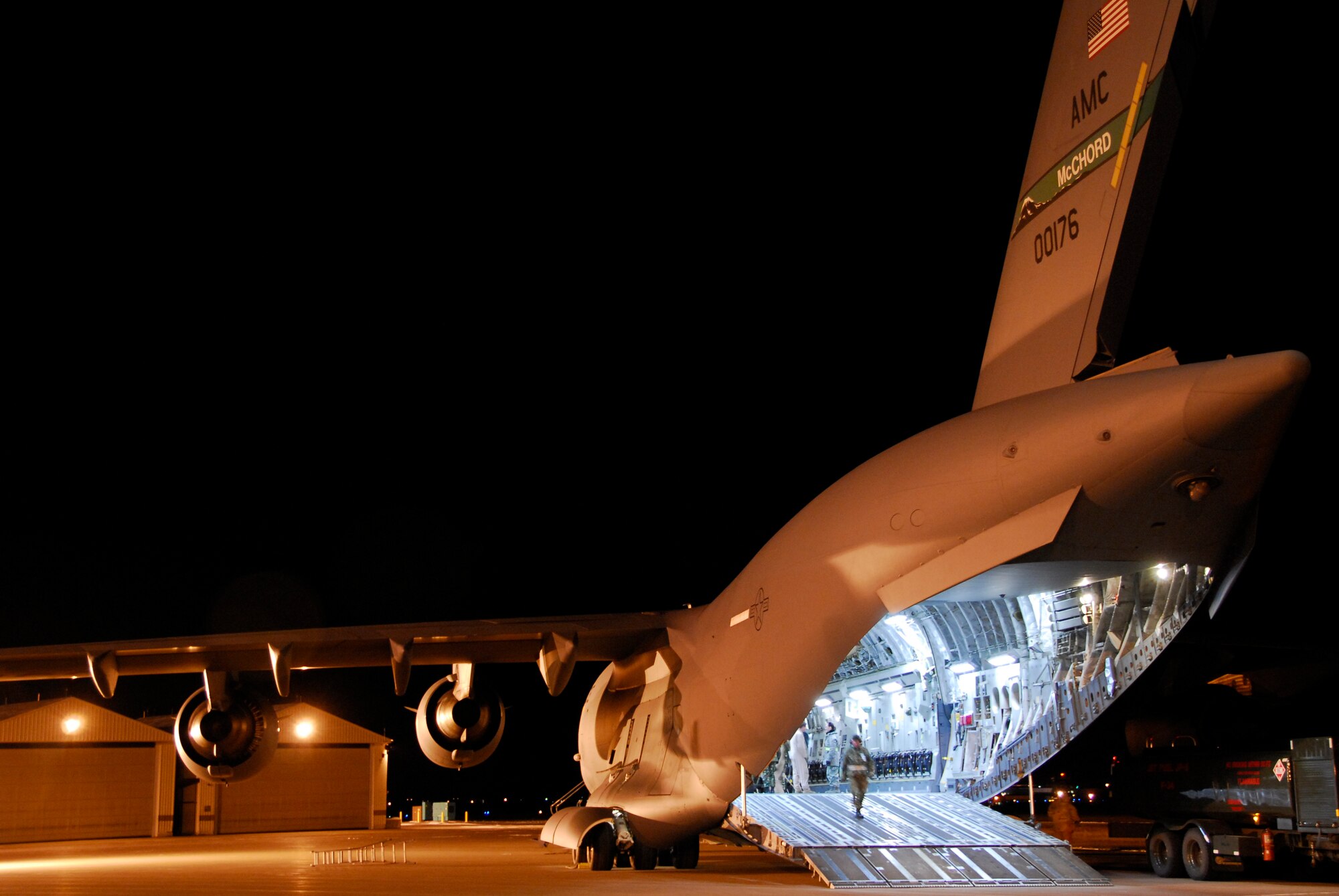 148th Fighter Wing guardsmen load a C17 Globemaster from McChord AFB in Duluth, Minn. in preparation for approximately 45 Air National Guard members deploying to Joint Base Balad, Iraq on Dec. 3, 2008 as a part of an Air Expeditionary Force (AEF) deployment. (U.S. Air Force photo by TSgt Jason W. Rolfe) (Released)