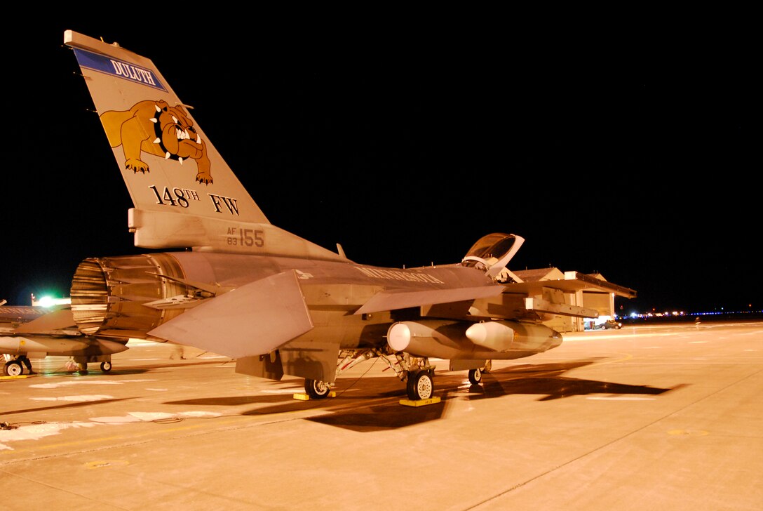 F-16C Fighting Falcons from the 148th Fighter Wing Air National Guard are launched in the early morning Dec. 3, 2008 in Duluth, Minn.  The aircraft and maintainers will deploy to Joint Base Balad, Iraq as a part of an Air Expeditionary Force (AEF) deployment. (U.S. Air Force photo by TSgt Jason W. Rolfe) (Released)