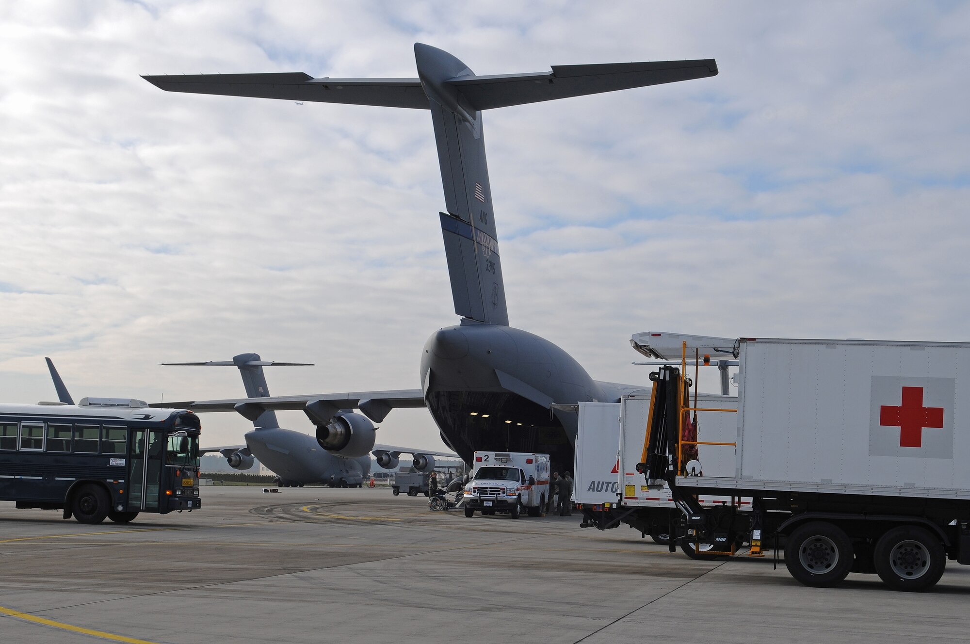 Airmen unload medical supplies from a C-17 Globemaster III, Ramstein Air Base, Germany, Nov. 27, 2008. The C-17 arrived from Andrew Air Force Base, Maryland. (U.S. Air Force photo by Airman 1st Class Grovert Fuentes-Contreras)