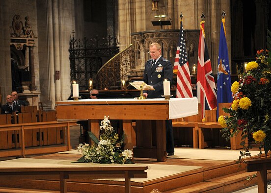 The 100th Air Refueling Wing Vice Commander, Col. Scott A. Brumbaugh gives the opening greeting during the Thanksgiving service Nov. 26, 2008, in Ely, England. The service gives U.S. servicemembers in England an opportunity to enjoy a holiday service at one of the cathedrals in the local area. (U.S. Air Force photo by Staff Sgt. Jerry Fleshman)