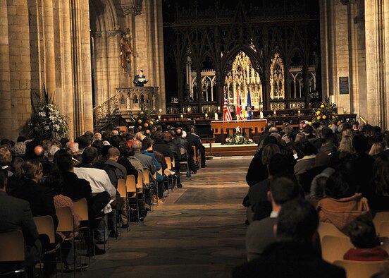 Chaplain (Col.) Scott R. Gardner, United States Air Forces in Europe Command chaplain, speaks to the congregation during the annual Thanksgiving a service held at Ely Cathedral Nov. 26, 2008, in Ely, England. The service gives U.S. servicemembers in England an opportunity to enjoy a holiday service at one of the cathedrals in the local area. Ely Cathedral, built by William the Conqueror as a prominent outpost after the bloody and lengthy rebellion by Hereward the Wake, stands as a fine example of William's devotion to his Religion and to his overwhelming victory for the Britons. (U.S. Air Force photo by Staff Sgt. Jerry Fleshman)
