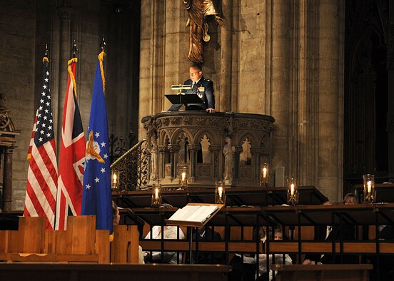 Chaplain (Col.) Scott R. Gardner, United States Air Forces in Europe Command chaplain, speaks to the congregation during the annual Thanksgiving service held at Ely Cathedral Nov. 26, 2008, in Ely, England. The service gives U.S. servicemembers in England an opportunity to enjoy a holiday service at one of the cathedrals in the local area. Ely Cathedral, built by William the Conqueror as a prominent outpost after the bloody and lengthy rebellion by Hereward the Wake, stands as a fine example of William's devotion to his Religion and to his overwhelming victory for the Britons. (U.S. Air Force photo by Staff Sgt. Jerry Fleshman)