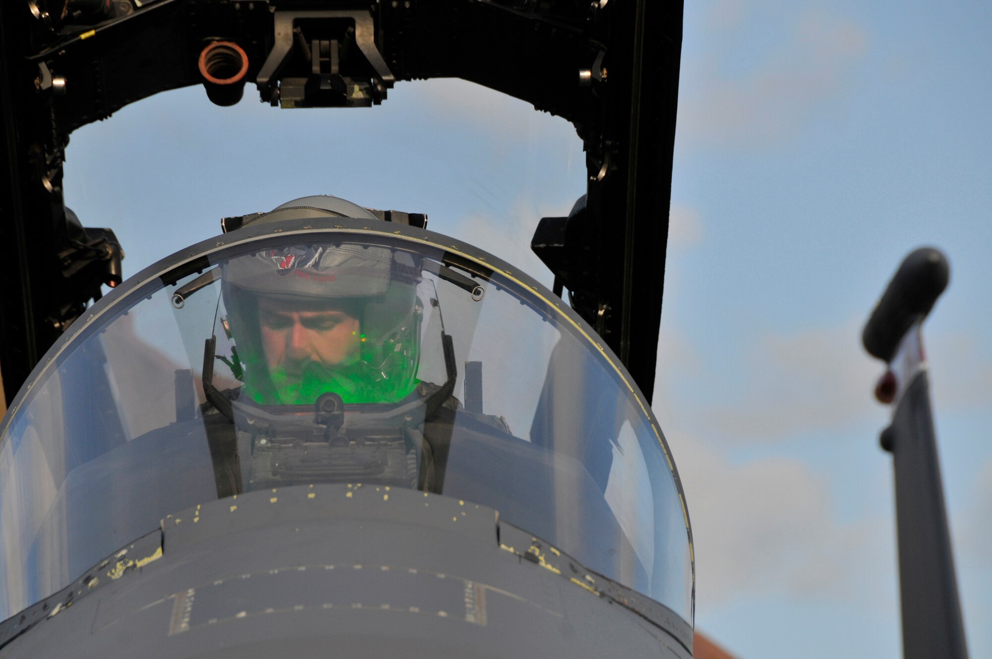 Capt. William Wooten, 494th Fighter Squadron, performs pre-flight checks Dec. 1 at RAF Lakenheath, England. The 48th Fighter Wing gave Maj. Gen. Silwer a incentive flight in the F-15E Strike Eagle. (U.S. Air Force photo by Airman 1st Class Perry Aston)