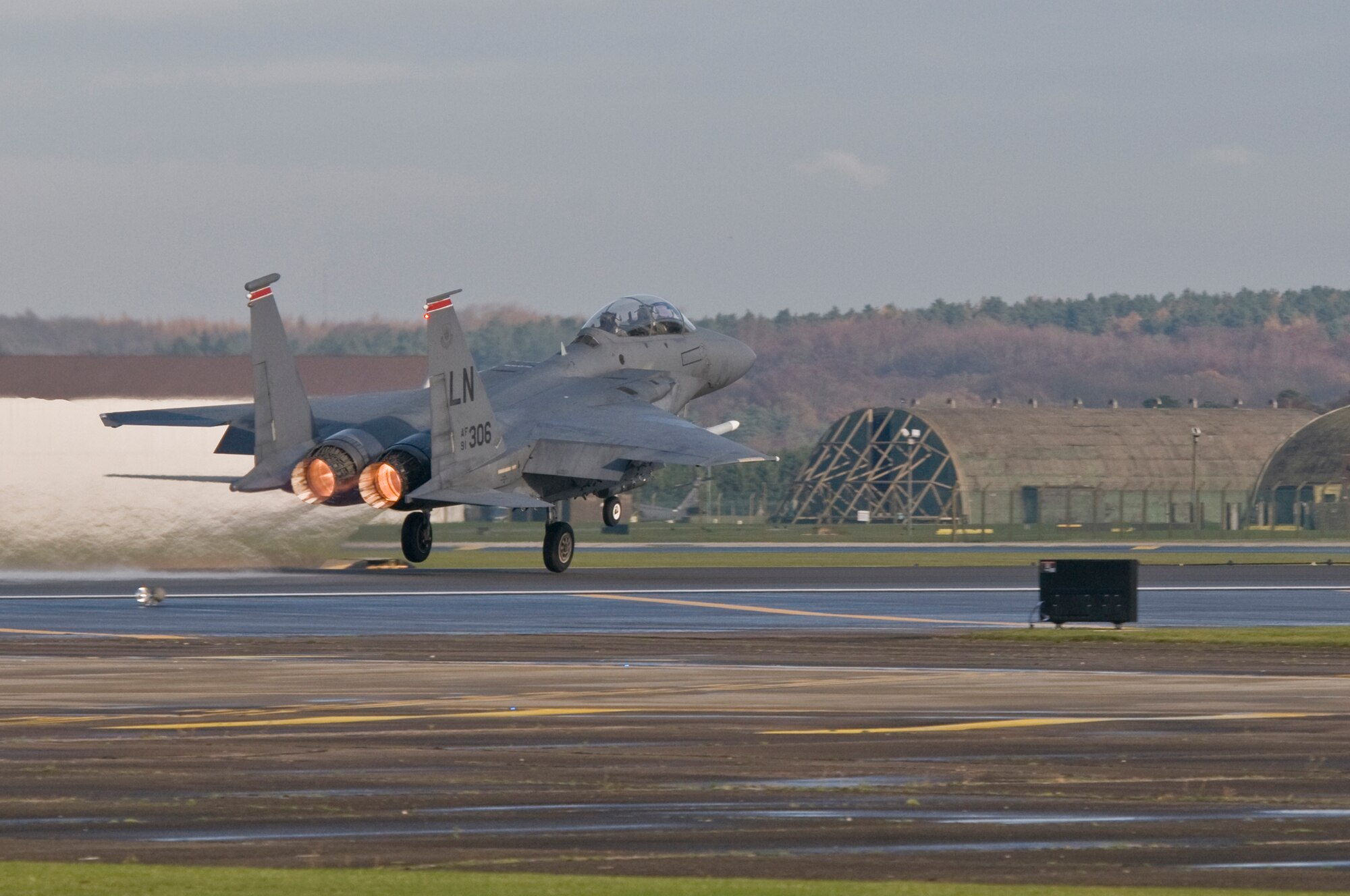 Capt. William Wooten, 494th Fighter Squadron, and Maj. Gen. Anders Silwer, Swedish Air Force Chief of Staff blast off Dec. 1 at RAF Lakenheath, England. General Silwer was given a incentive flight in an F-15E Strike Eagle.  (U.S. Air Force photo by Airman 1st Class Perry Aston)  