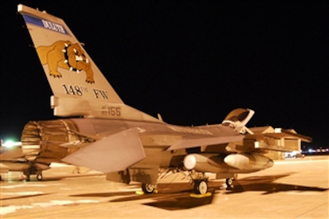 An F-16 Fighting Falcon aircraft assigned to the 148th Fighter Wing, Minnesota Air National Guard, prepares to launch from Duluth, Minn., Dec. 3, 2008. Air Force personnel and aircraft are deploying to Joint Base Balad, Iraq, as a part of an Air Expeditionary Force deployment.