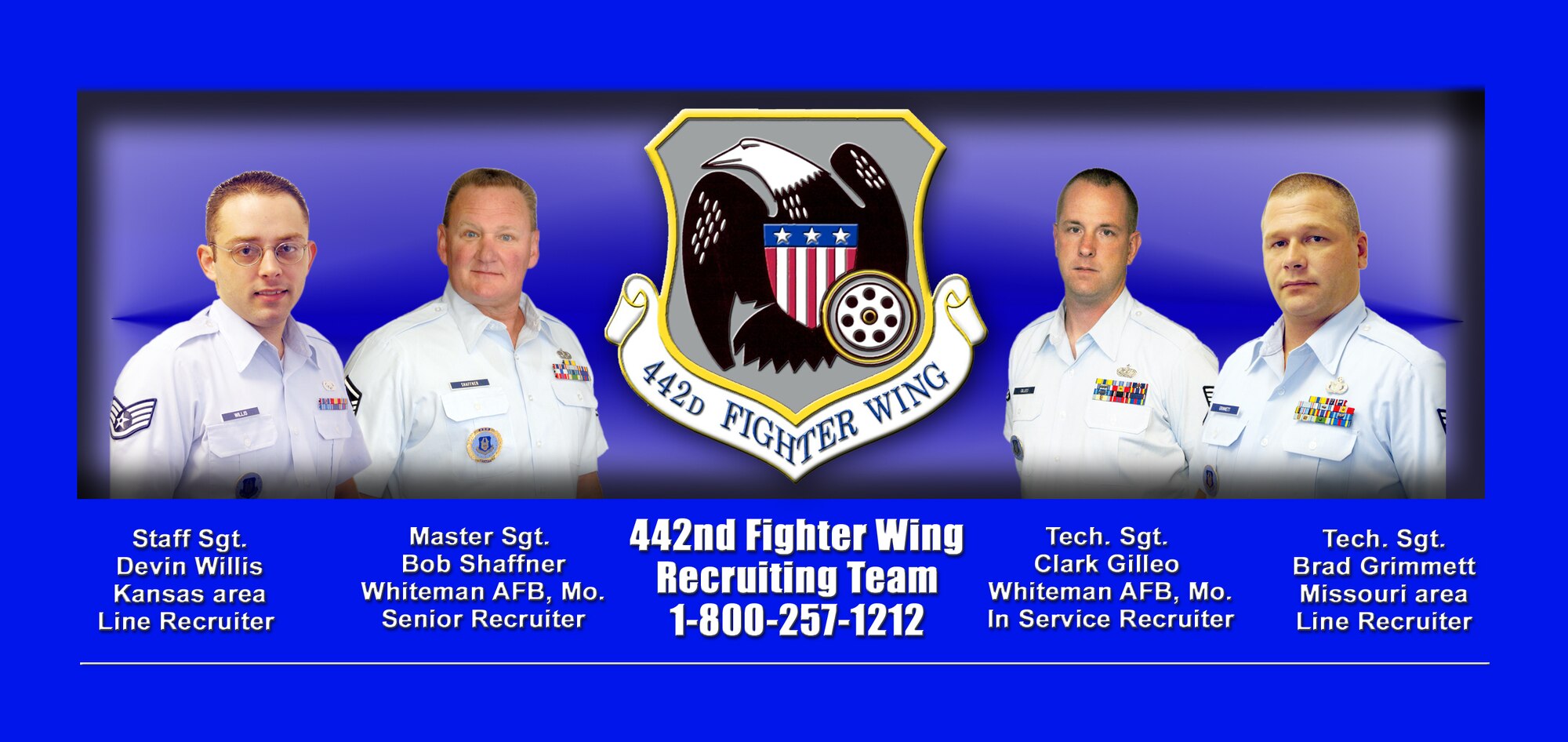The 442nd Fighter Wing's current team of Air Force Reserve Command Recruiting Service recruiters.  From left, Staff Sgt. Devin Willis, Master Sgt. Bob Shaffner, Tech. Sgt. Clark Gileo and Tech. Sgt. Brad Grimmett.  The wing's recruiters won the Top Outstanding Team Achievement Award for AFRC Recruiting Service for the second-consecutive year in Fiscal Year 2008.  In addition, the team won more than a dozen individual and team awards.  The 442nd Fighter Wing is based at Whiteman Air Force Base, Mo.  (Photo illustration/Master Sgt. Bill Huntington)