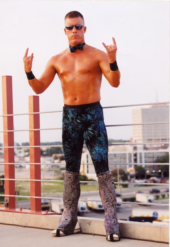 Then Tech. Sgt. Daniel Beverly, poses as "Midnight Rocker, " bad boy professional wrestler. (Courtesy photo)