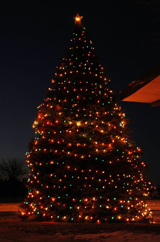 The annual holiday tree lighting, sponsored by the Freedom Chapel, was celebrated here, Dec. 4. Many Airmen and their families stood in the bitter cold to watch the holiday tree light up. (U.S. Air Force photo by Airman 1st Class Joshua J. Seybert)