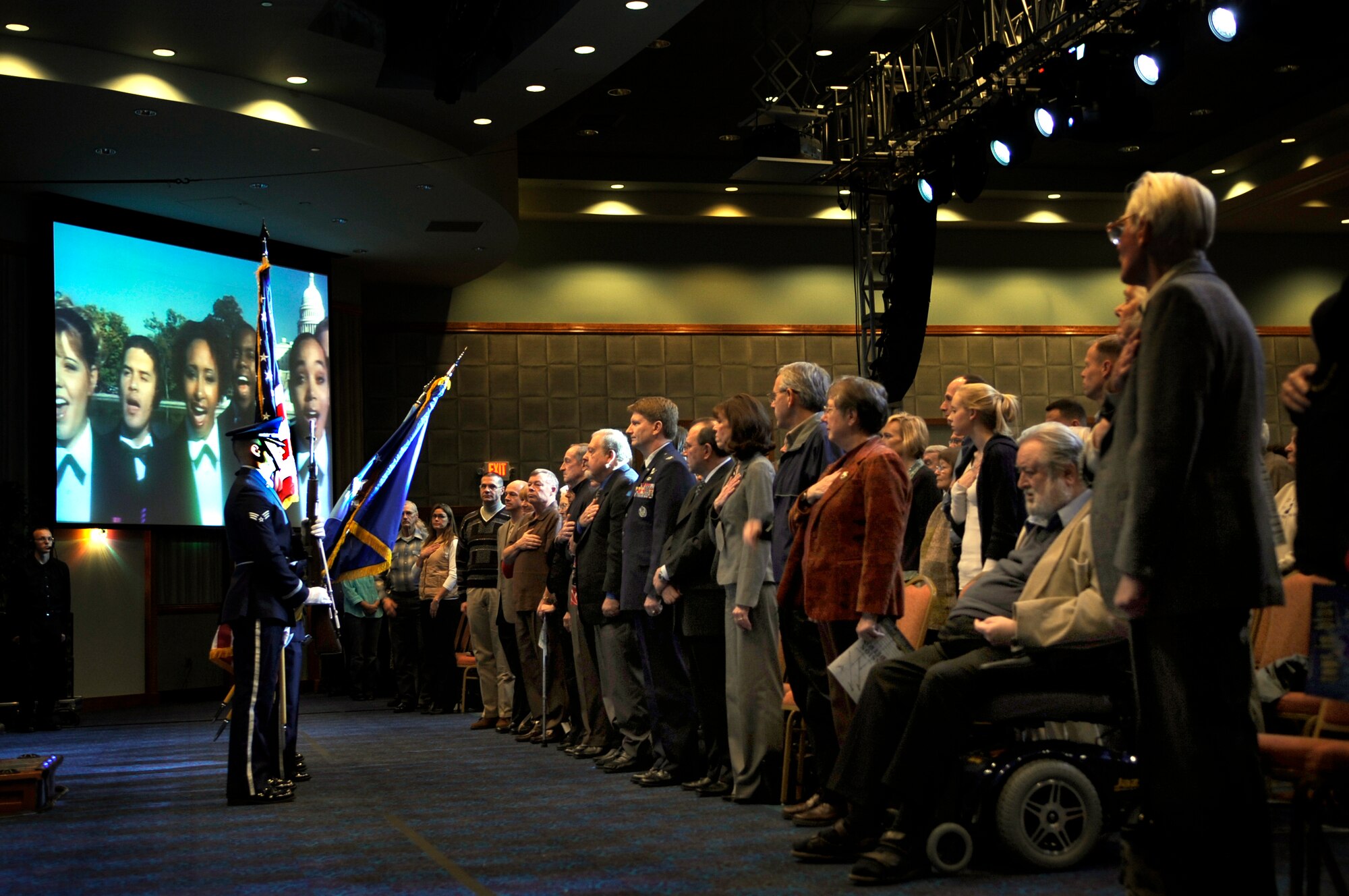 FAIRCHILD AIR FORCE BASE, Wash. – Airmen from the Fairchild honor guard kick-off the Tops in Blue performance Dec. 1 at Northern Quest Casino in Airway Heights, Wash. Along with their stop at Fairchild and other U.S. bases, Tops in Blue will venture the world entertaining forward-deployed troops in various locations, including Iraq, Qatar, Afghanistan and Kuwait. (U.S. Air Force photo / Senior Airman Joshua K. Chapman)