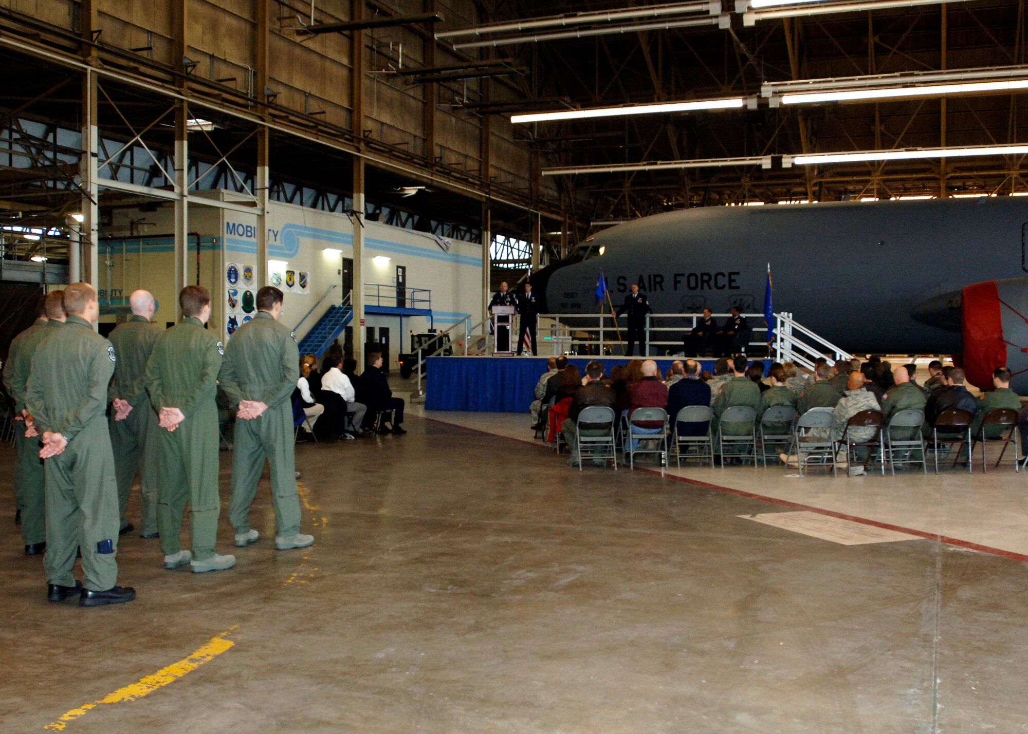 FAIRCHILD AIR FORCE BASE, Wash. – 92nd Air Refueling Squadron personnel wait patiently for the change-of-command ceremony to begin here Nov. 26. Typically change-of-command ceremonies occur every two years. (U.S. Air Force photo / Airman 1st Class Melissa L. Barnett)