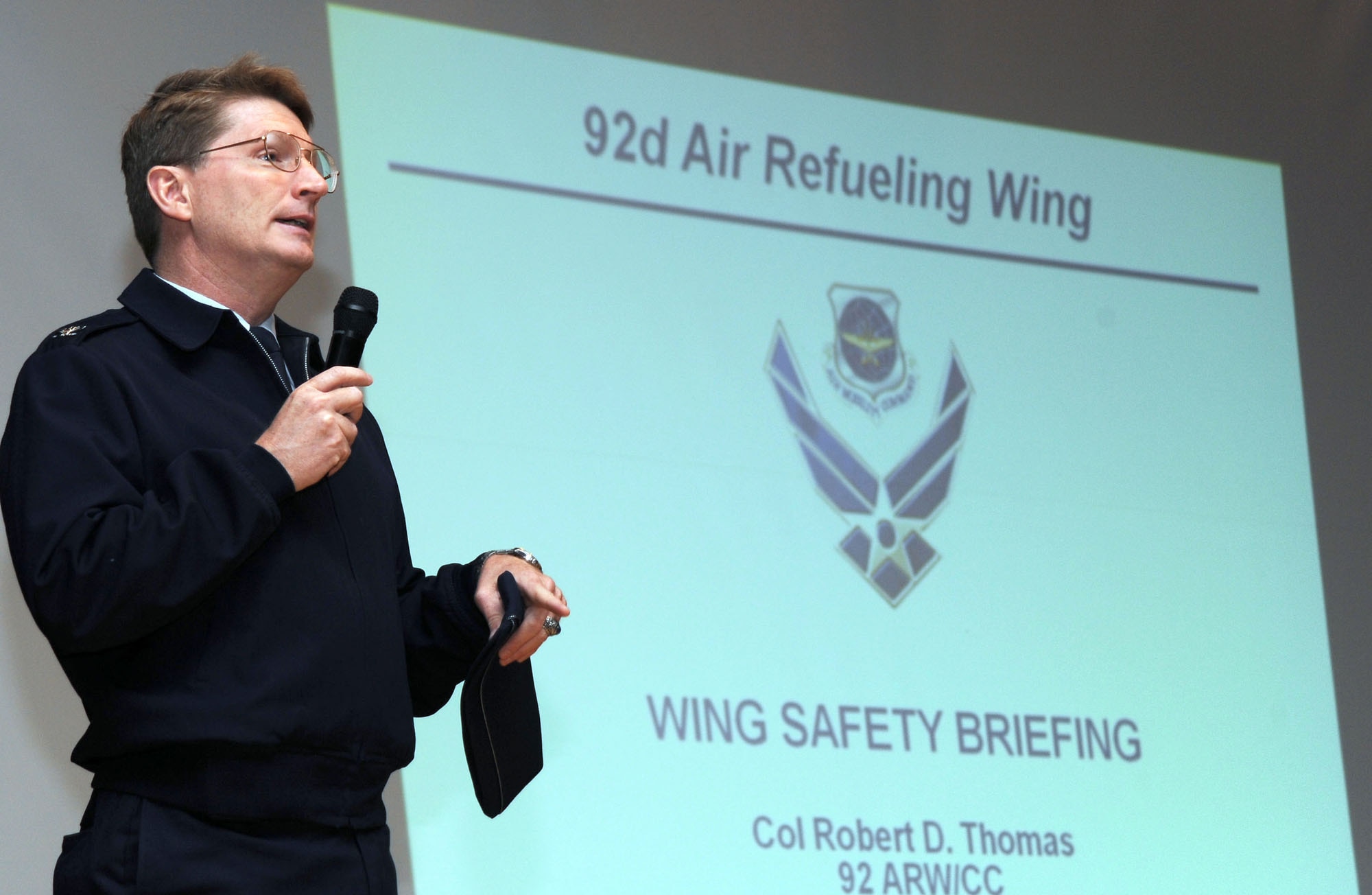 FAIRCHILD AIR FORCE BASE, Wash. – Col. Robert Thomas, 92nd Air Refueling Wing commander, gives opening remarks during the winter safety briefing and stressed the importance of a safety-first mentality at the base theater Dec.4. (U.S. Air Force photo / Staff Sgt. JT May III)