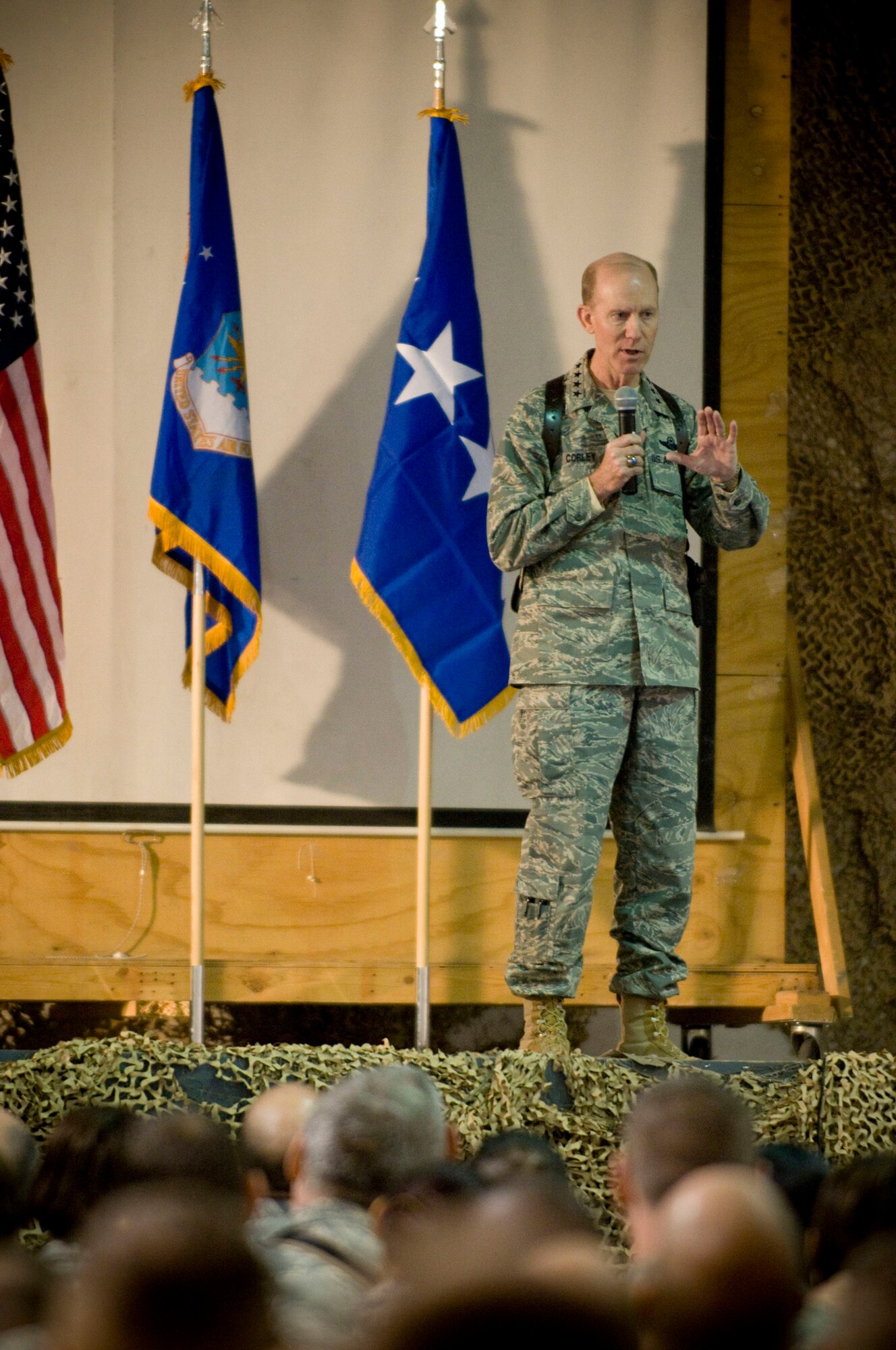 Gen. John Corley, Air Combat Command commander, gives an Airman's Call at Bagram Air Field, Afghanistan, Dec. 4. General Corley addressed questions ranging from the status of CSAR-X to physical training uniforms. (U.S. Air Force photo by Staff Sgt. Samuel Morse)(Released)