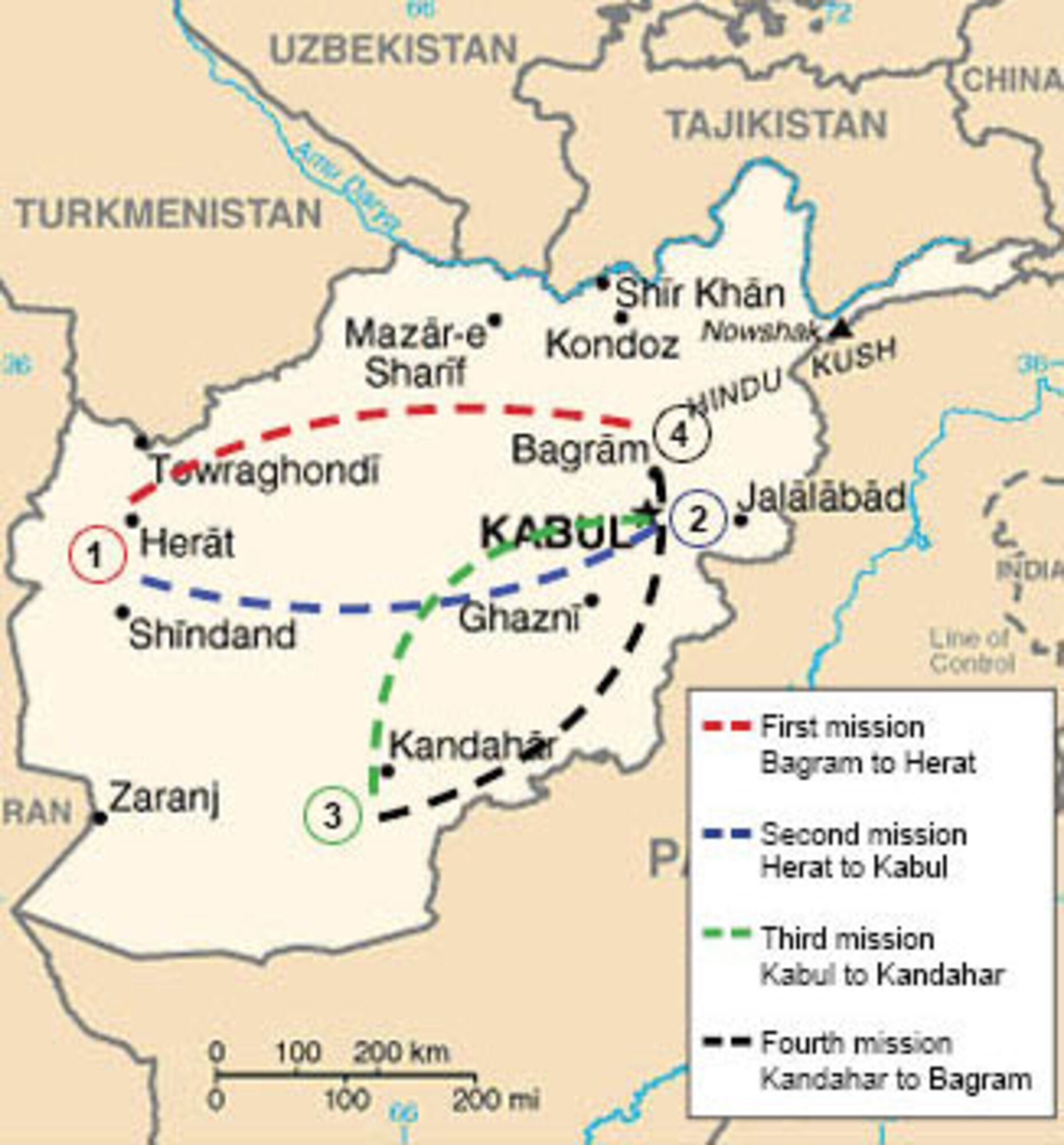 Command Pilot Maj. Jeff Wong and his crew flew to three regions in Afghanistan during their first combat mission in theater Monday, Dec. 1, 2008. The map displays the four stops the crew made within a 12-hour work day. The Minnesota air crew transported pallets of supplies approximately 100 personnel.  