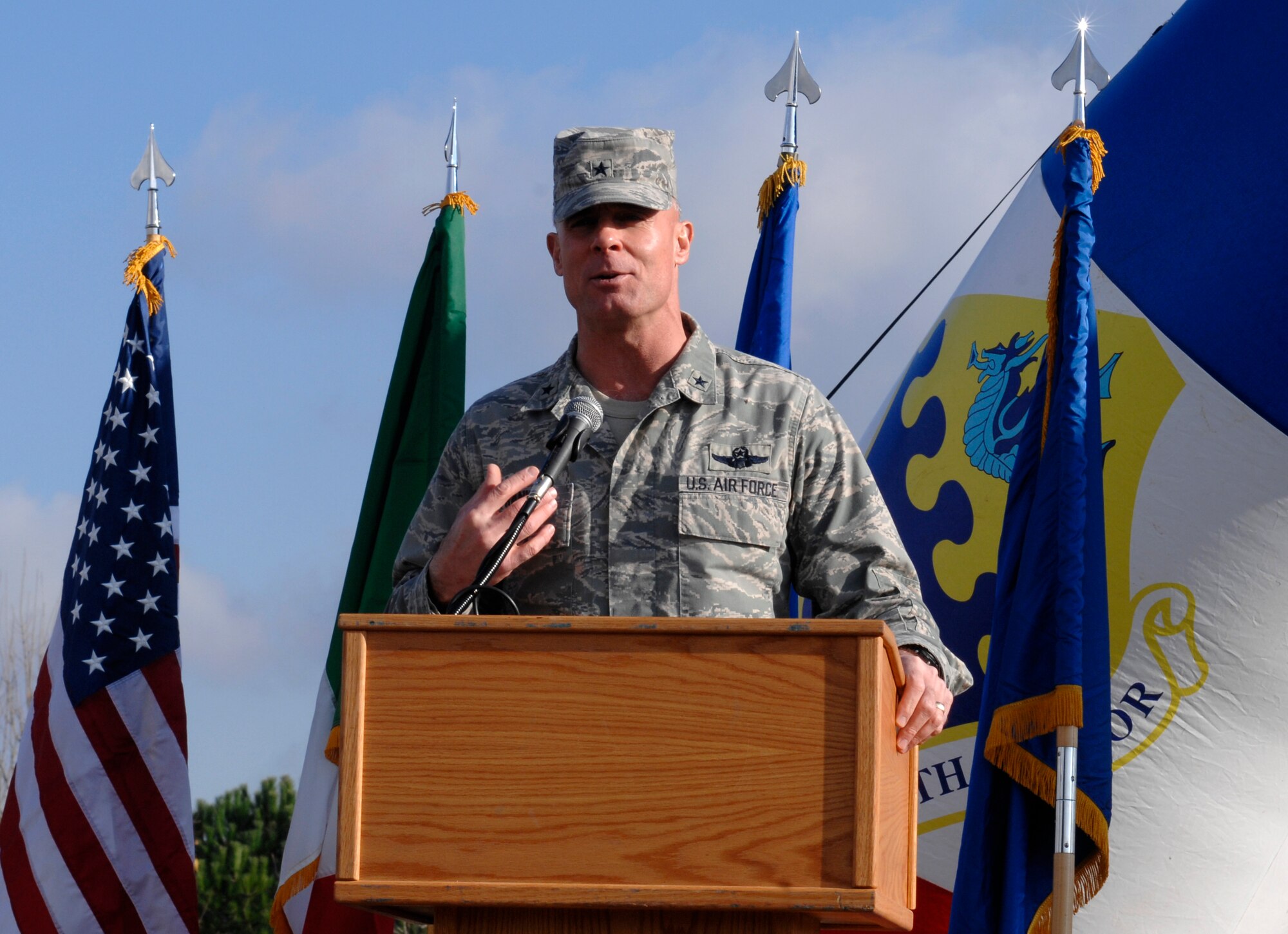 Brig. Gen. Craig Franklin, 31st Fighter Wing commander, addresses base Airmen and civilians before officially opening the new base running track along the flight line in Area F. The track was constructed to provide base Airmen and civililans a safe place to run around the flightline. (U.S. Air Force photo/Airman 1st Class Ashley Wood)

