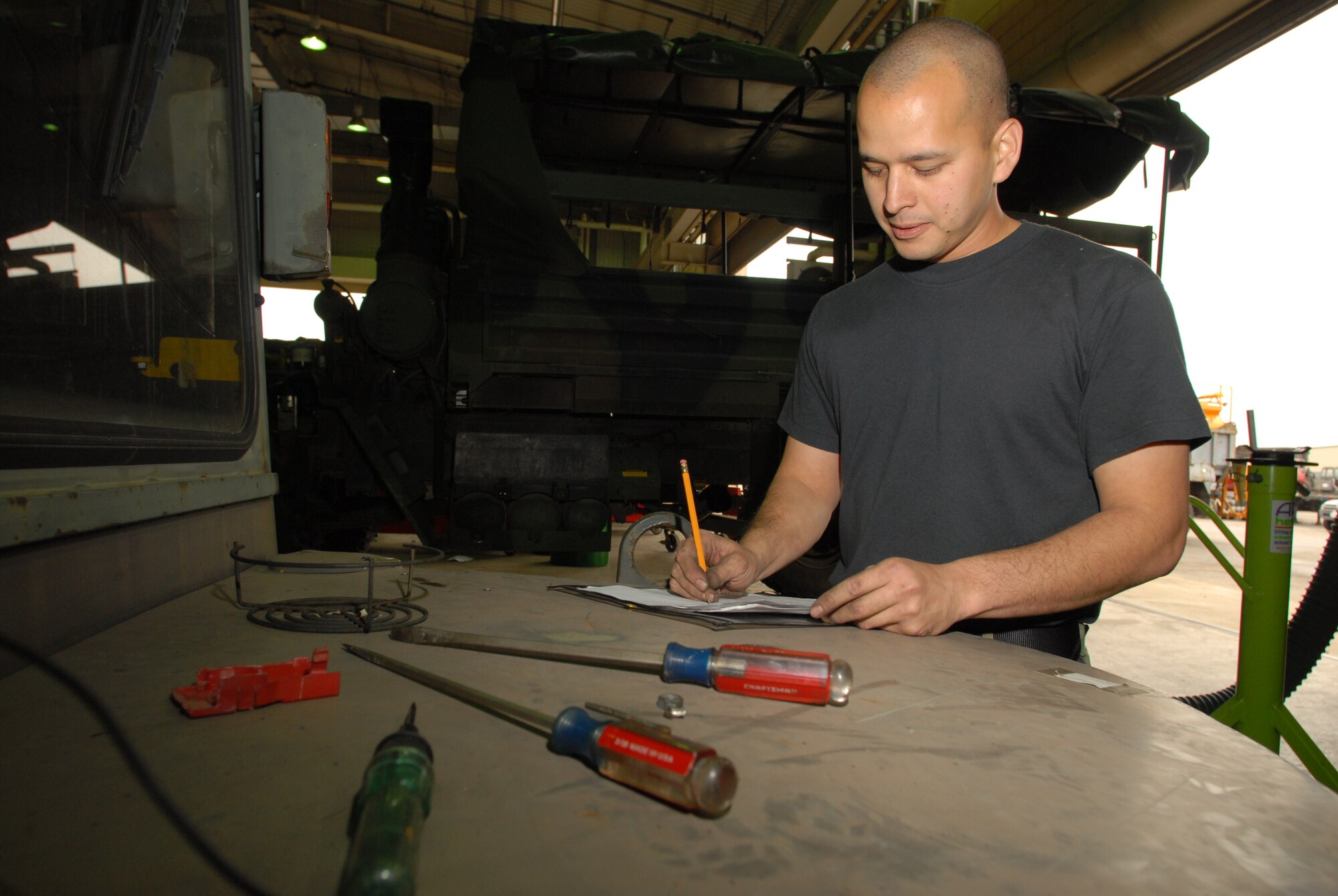 KUNSAN AIR BASE, Republic of Korea -- Staff Sgt. Jason Peters, 8th Logistic Readiness Squadron, vehicle maintenance Craftsman, finishes paper work on the back of a 6K Hysler fork lift after servicing it at here Dec. 4.The Wolf Pack’s vehicle maintenance Airmen are responsible for keeping more than 600 general and special purpose vehicles operational for the Airmen, Soldiers and civilians assigned to the base. (U.S. Air Force photo by: Senior Airman Angela Ruiz)