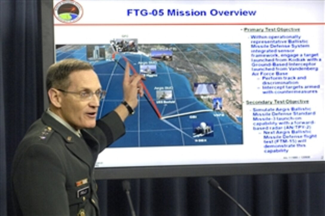 Army Lt. Gen. Patrick O'Reilly, director of the Missile Defense Agency, briefs reporters at the Pentagon, Dec. 5, 2008, on the successful test of the Ground-based Mid-course Interceptor.  In the test, the defending missile, launched from Vandenberg Air Force Base, Calif., impacted the target  missile launched from Kodiak, Alaska.  Numerous military assets were involved in the test including two U.S. Navy Aegis ships -- the USS Higgins and Benfold.