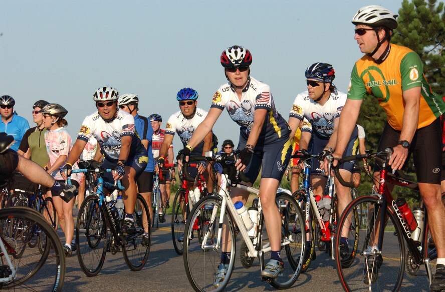 Bicyclists, like those pictured here, participated in the Rollin' to the River Century Ride, a 100-mile bike ride in Blair, Neb., to raise money for Isaac Hall Memorial Charities. Isaac Hall died at age 8 from complications related to acute lymphoblastic leukemia and was the son of Tech. Sgt. Travis Hall, a member of the 55th Security Forces Elite Guard at Offutt Air Force Base, Neb. (U.S. Air Force photo/Tech. Sgt. Mark Soule)