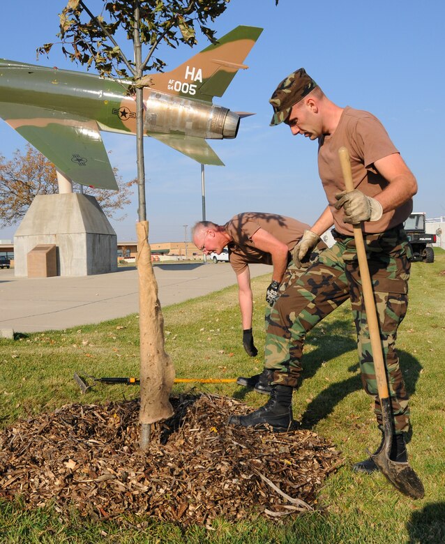 Sioux City, Iowa
Members of the 185th ARW plant trees at the Sioux City Air National Guard base. Trees planted included Maples, oaks, locus, and crabapples. The project was headed up by the base Civil engineer. 
