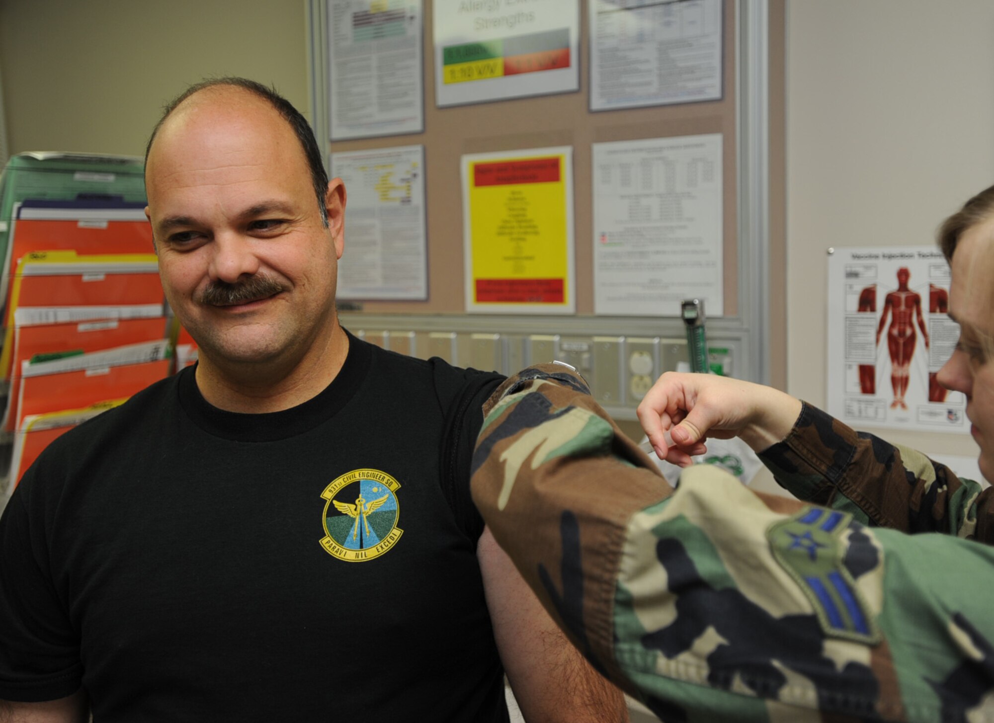 Tech. Sgt. John Bryan receives his flu shot during the 931st Air Refueling Group's December unit training assembly. All 931st Airmen are scheduled to receive the shot during the UTA as part of an annual requirement for maintaining medical readiness. Sergeant Bryan is the Readiness and Emergency Management Flight superintendent for the 931st's Civil Engineer Squadron. The 931st ARG is an Air Force Reserve unit at McConnell Air Force Base, Kan. (U.S. Air Force photo/Tech. Sgt. Jason Schaap)