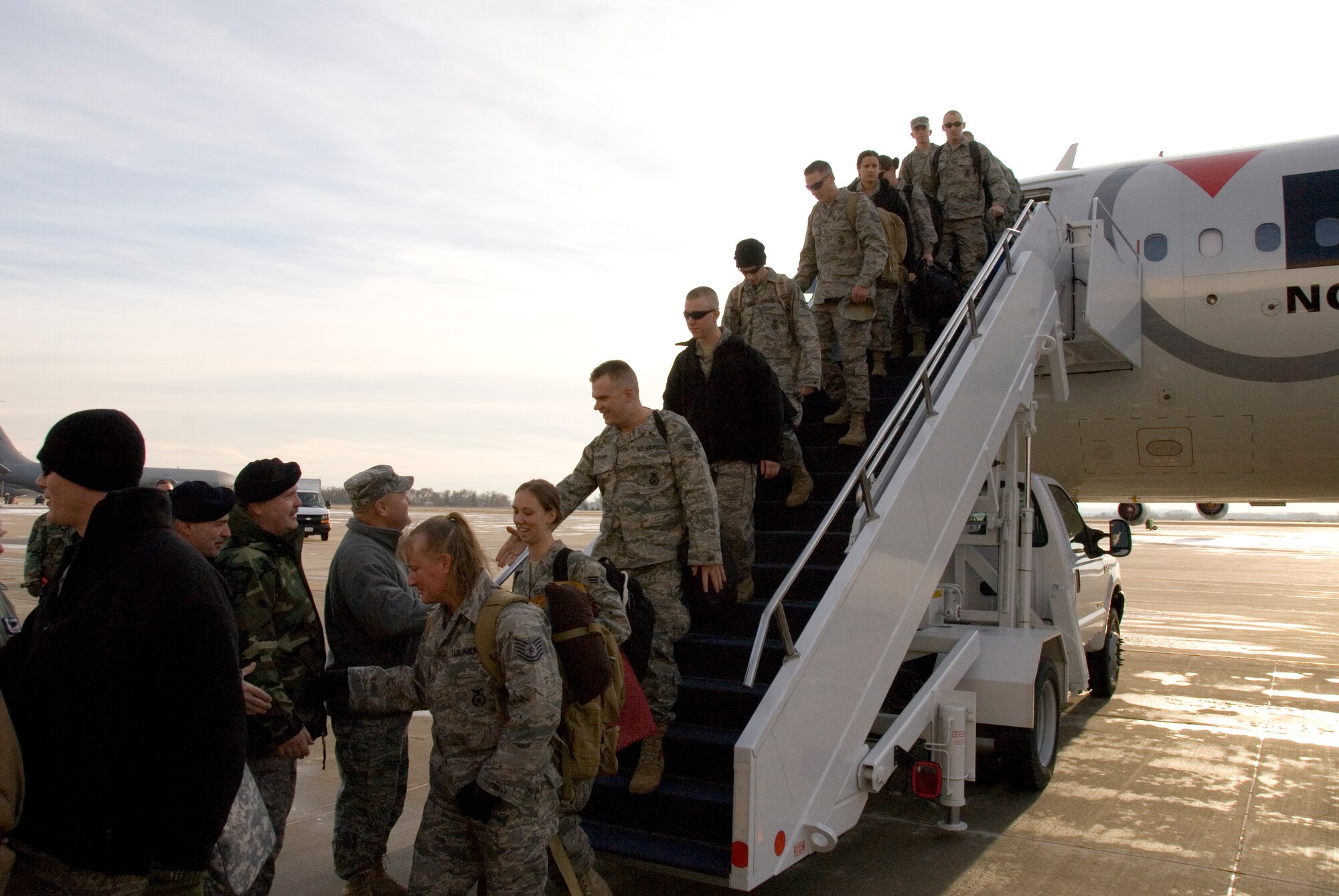 Thirty Two Airmen from the 185th Air Refueling, Security Forces Squadron, Iowa Air National Guard in Sioux City, Iowa, return from a six month deployment on federal active duty, Sunday, December 7, 2008.
The 185th Security Forces Squadron provided base security at Eskan Village, Saudi Arabia. These Airmen deployed as part of Operations Enduring Freedom, Iraqi Freedom and the Global War on Terror. 
Official Air Force Photo by: SSgt. Oscar M. Sanchez-Alvarez
