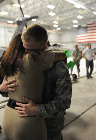 Airman 1st Class Daniel Rodgers, an HH-60 avionics specialist assigned to the 763rd Maintenance Squadron, embraces his wife Airman 1st Class Stephanie Rubi, a still photographic apprentice assigned to the 99th Air Base Wing at Nellis Air Force Base, Nev., Dec. 6, 2008. The 763rd MXS and 66th Rescue Squadron Airmen, return home after 3 1/2 months in Southwest Asia, supporting the Global War on Terrorism.
(U.S. Air Force Photo/Senior Airman Larry E. Reid Jr.)