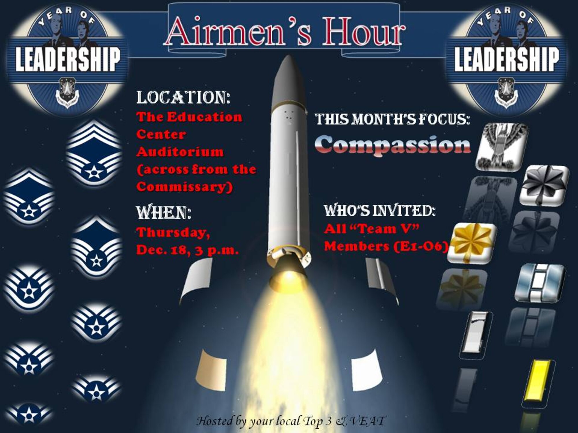 VANDENBERG AIR FORCE BASE, Calif. --  Airmen's Hour is designed to be an open forum (facilitated by a guest speaker/moderator) for Team V to discuss the monthly Year of Leadership topic as it pertains to each person. 