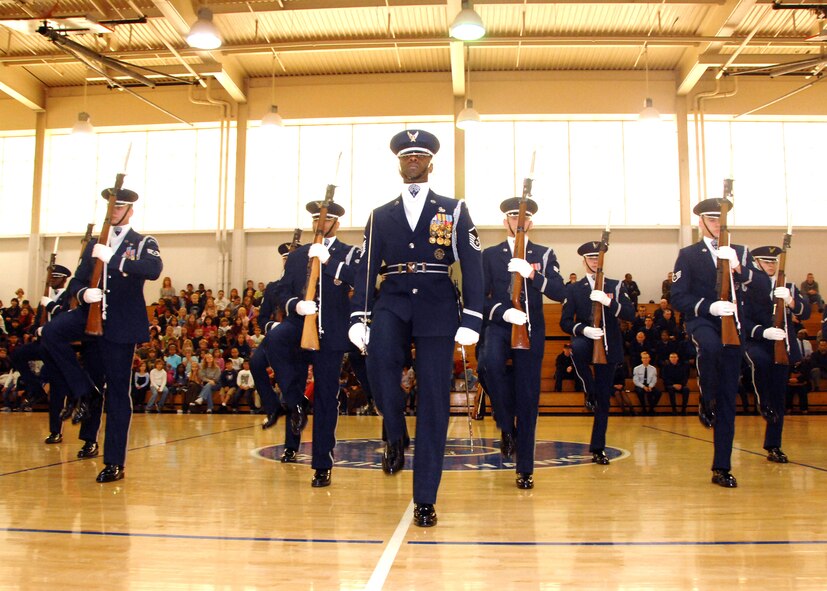 The U. S. Air Force Honor Guard Drill Team performs at the Travis Fitness Center Nov 10th in honor of Veterans Day. (USAF photo by Amanda Lopez/Civ) (Released) 