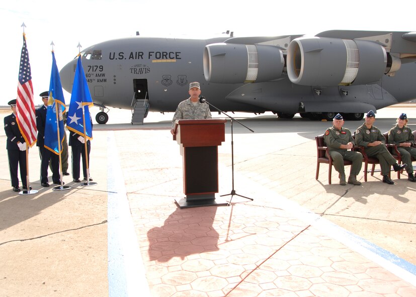 Chief Master Sergeant Joeseph Barron, Command Chief Air Mobility Command , speaks at Travis Air Force Base during a ceremony to commemorate the last C-17 Globemaster III delivery to Travis. The aircraft aptly named the "Spirit of Travis" is the 13th and final aircraft assigned to the first C-17 squadron at Travis. (USAF photo by Civ/ Nan Wylie) (Released)