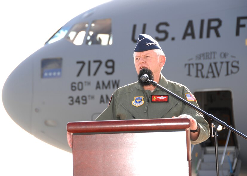 General Arthur J. Lichte commander, Air Mobility Command speaks at Travis Air Force Base during a ceremony to commemorate the last C-17 Globemaster III delivery to Travis. The aircraft aptly named the "Spirit of Travis" is the 13th and final aircraft assigned to the first C-17 squadron at Travis. (USAF photo by Civ/ Nan Wylie)(Released)  