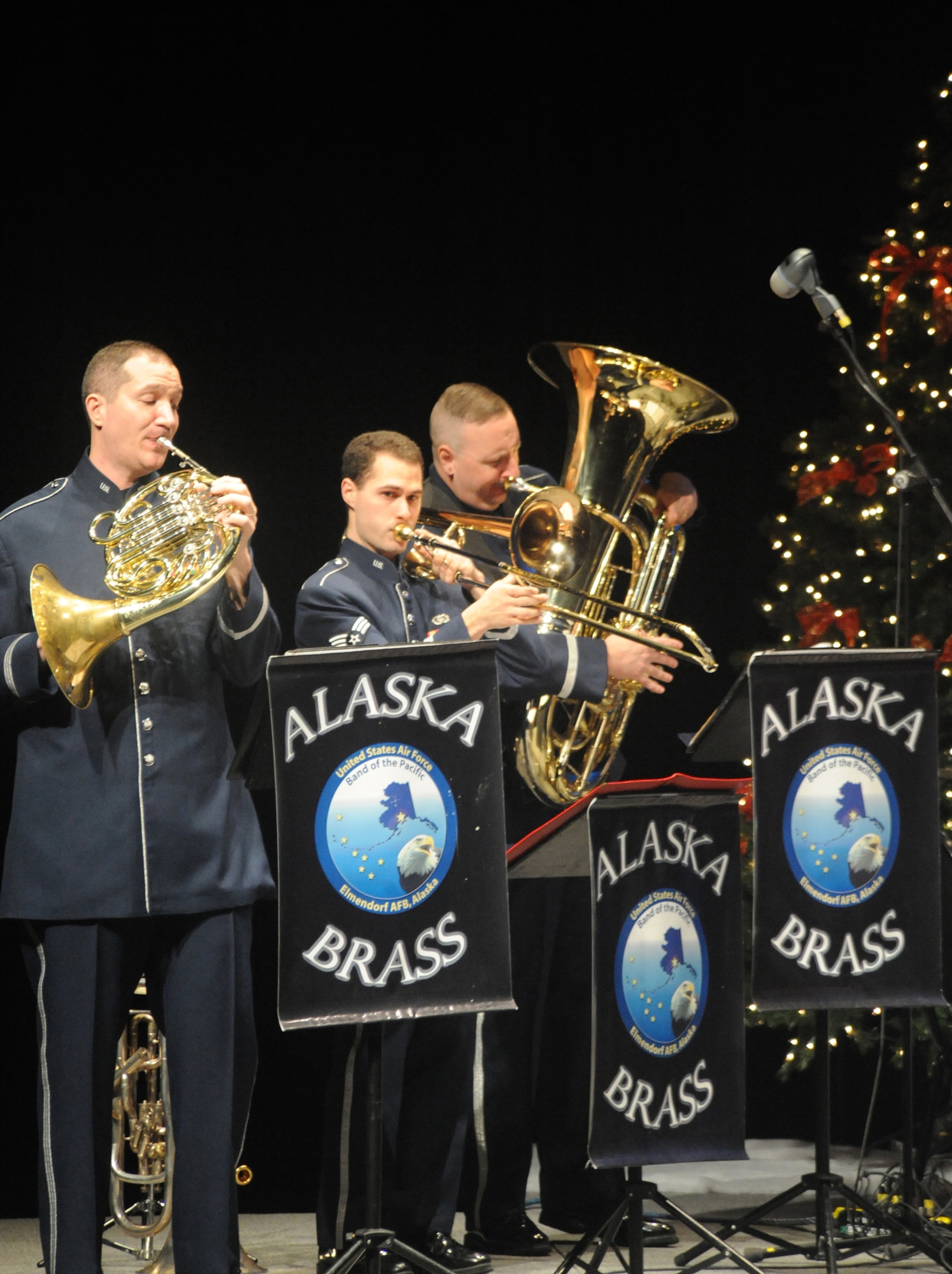 ELMENDORF AIR FORCE BASE, Alaska -- U.S. Air Force Band of the Pacific Alaska Brass perform "O Come All Ye Faithful" for the audience during Sounds of the Season Dec. 3. Sounds of the Season is an Air Force band concert that is open to the public during the holiday season. The concert was performed Dec. 3 and 4 at the Atwood Concert Hall in Anchorage. (U.S. Air Force photo/Senior Airman Matthew Owens)