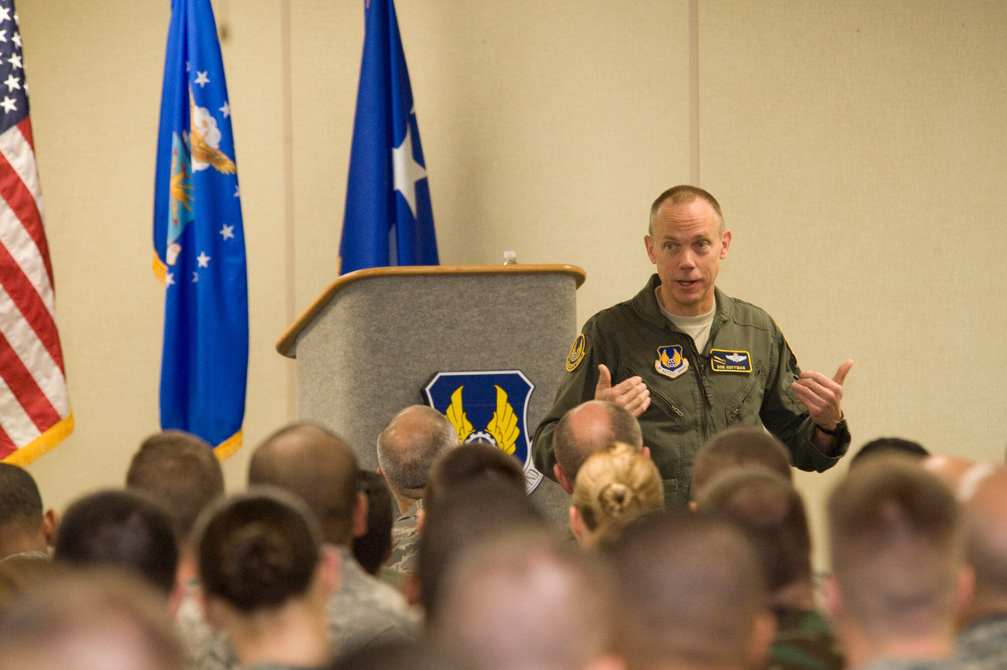 EGLIN AIR FORCE BASE, Fla. -- Gen. Don Hoffman makes Eglin his first visit as the new leader of Air Force Material Command Dec. 5. During the two-day visit, the general held an Air Armament Center town hall meeting elaborating on several topics he said are important, including acquisition excellence, resources conservation, job vacancies, motivating experienced military and civilian to stay with the Air Force, workforce diversity and safety. He said he gained an appreciation for infrastructure issues, community interaction, the challenges of the Joint Strike Fighter bed-down, range management, and the complexity of airspace management. (US Air Force photo)
