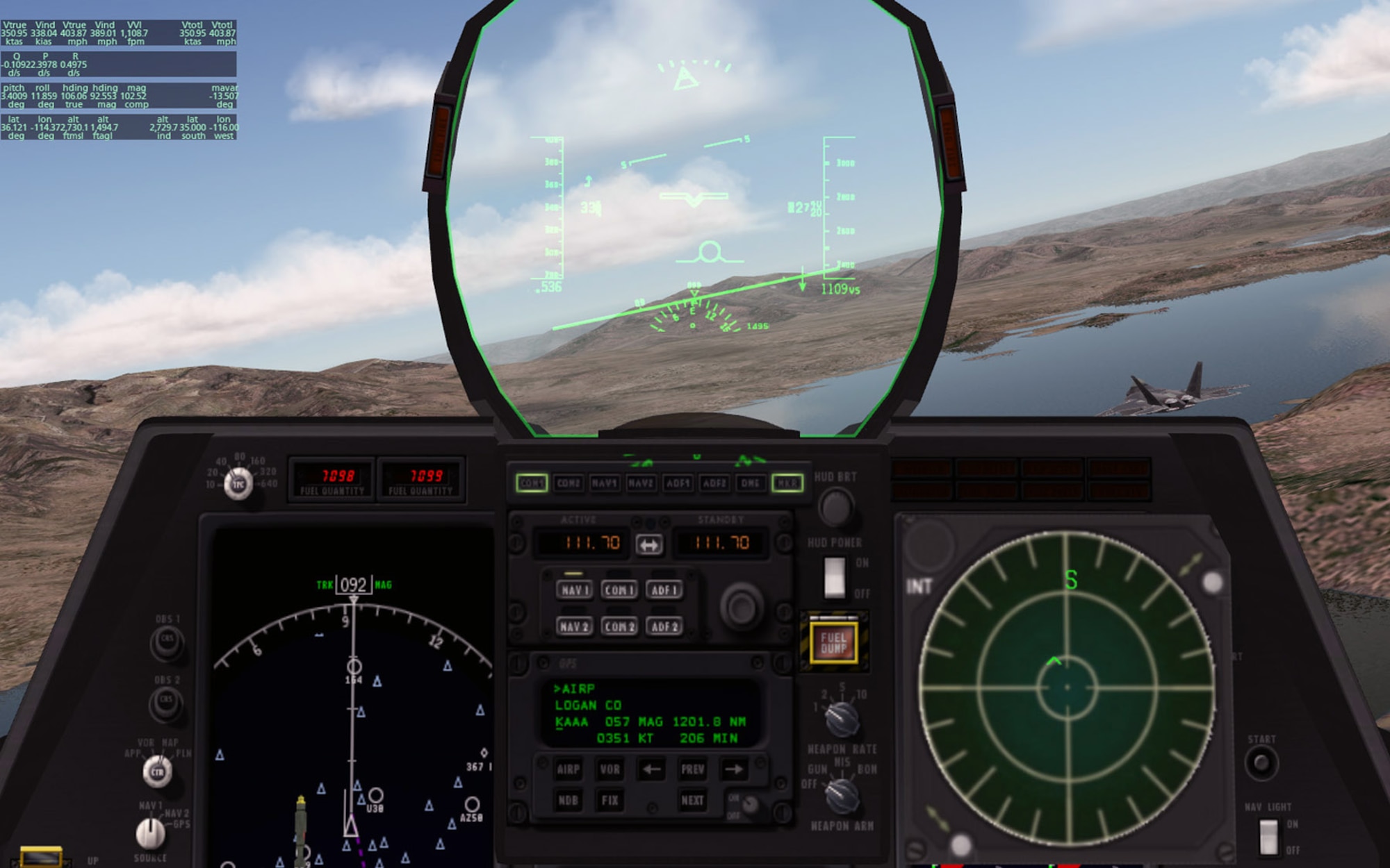 This screenshot shows flight simulation software created by Air Force researchers who leveraged existing commercial gaming software to demonstrate an alternative way to quickly deliver a low-cost, realistic simulation program with genuine training effectiveness. Researchers integrated the graphics-rich commercial package with high-fidelity real-world aircraft models. (U.S. Air Force image) 

