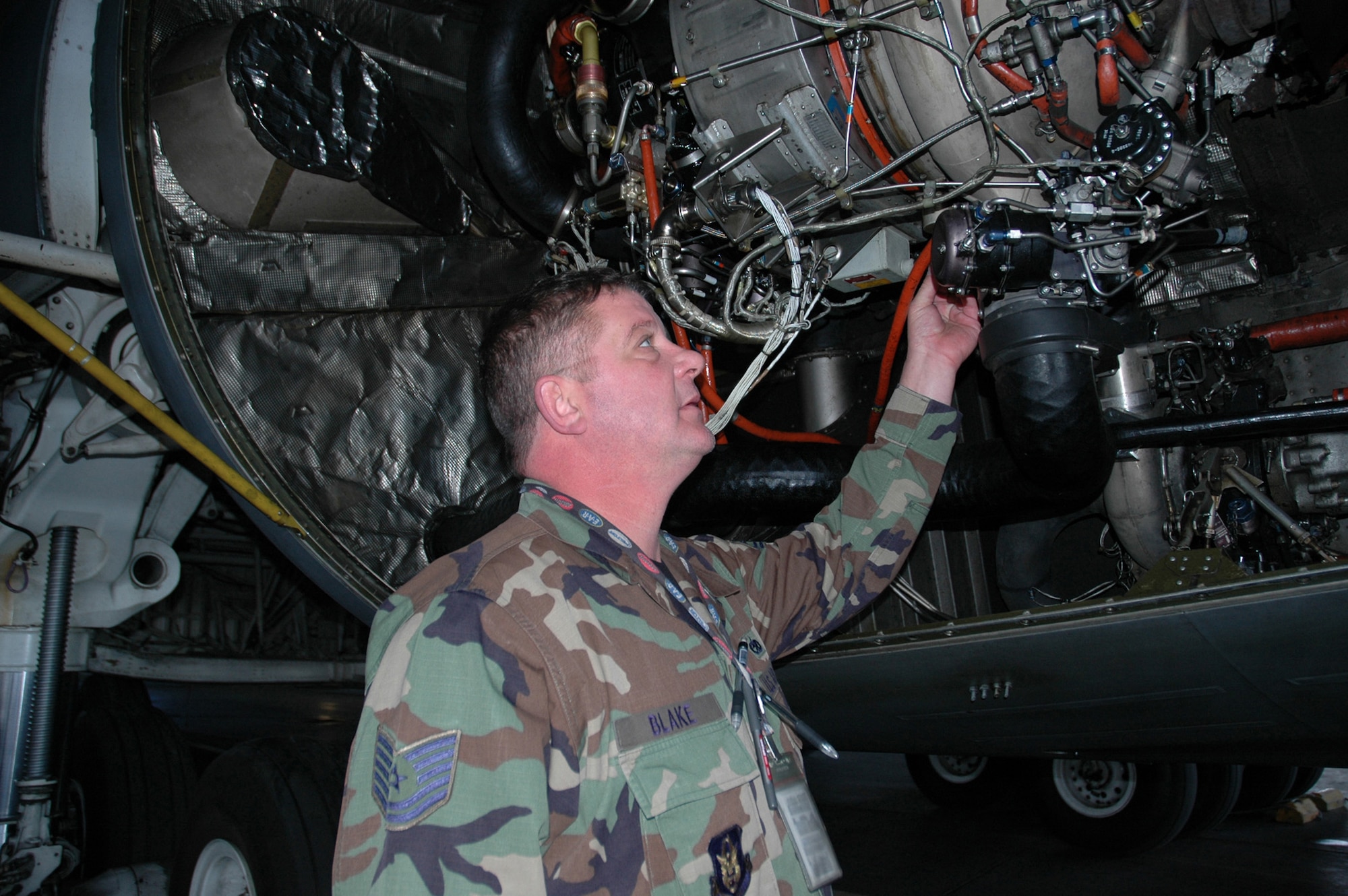 TSgt. James Blake, a 512th Aircraft Maintenance Squadron crew chief, performs a safety inspection on a C-5 Galaxy at Dover Air Force Base, Del. He was recently named Air Force Reserve Command's Ground Safety Noncommissioned Officer of the Year. (U.S. Air Force photo/Senior Airman Deb Robinson)