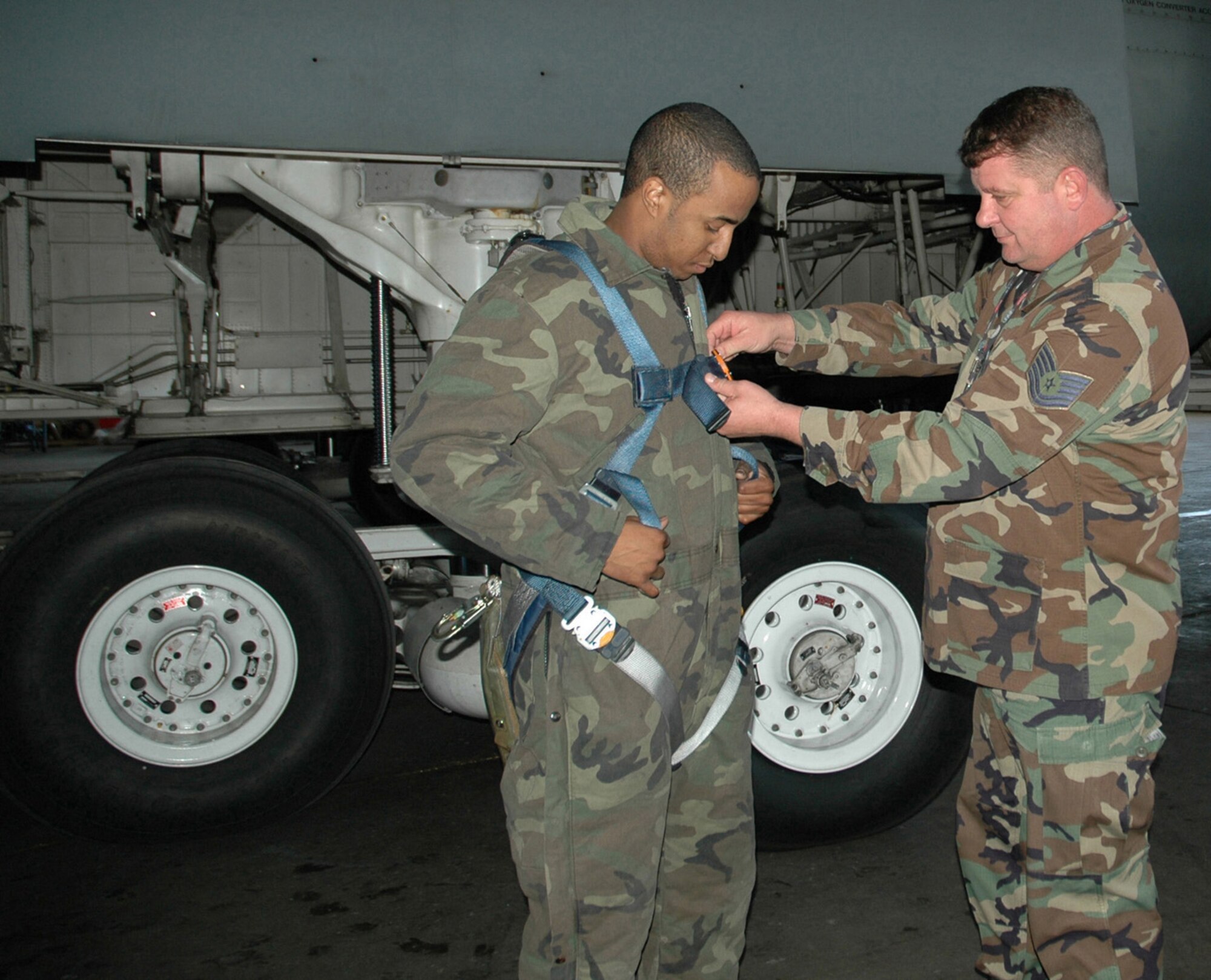 Tech. Sgt. James Blake, a 512th Aircraft Maintenance Squadron crew chief, inspects Senior Airman Corey Jones' safety harness prior to working on a C-5 aircraft at Dover Air Force Base, Del. Sergeant Blake was recently named Air Force Reserve Command's Ground Safety Noncommissioned Officer of the Year. (U.S. Air Force photo/Senior Airman Deb Robinson)
