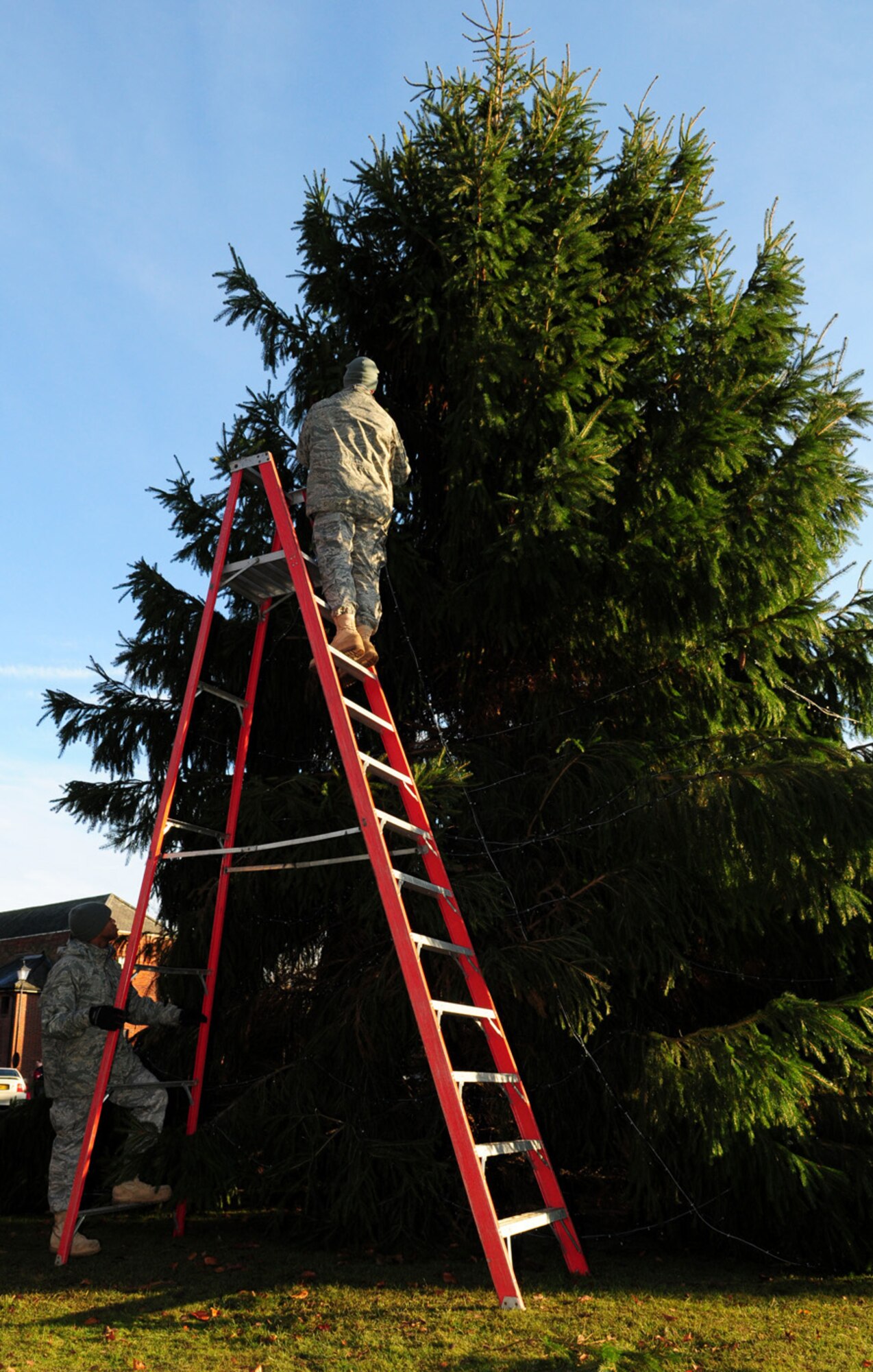 Staff Sgt. Derrick Mitchell, 100th Civil Engineer Squadron, holds the ladder as Tech. Sgt. David Stollings, also 100th CES, puts lights on the 100th Air Refueling Wing holiday tree outside Building 422 Dec. 2. The lighting ceremoney for the tree was Dec. 4. (U.S. Air Force photo by Karen Abeyasekere)