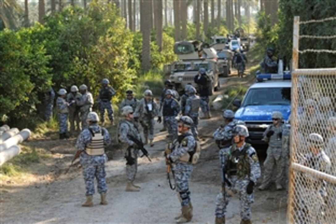 U.S. Army soldiers and Iraqi national policemen patrol through a palm grove searching for weapon caches in Jasr Dyala, Iraq, Dec. 5, 2008. The U.S. soldiers are assigned to the 1st Armored Division's1st Battalion, 35th Armored Regiment, 2nd Brigade Combat Team.