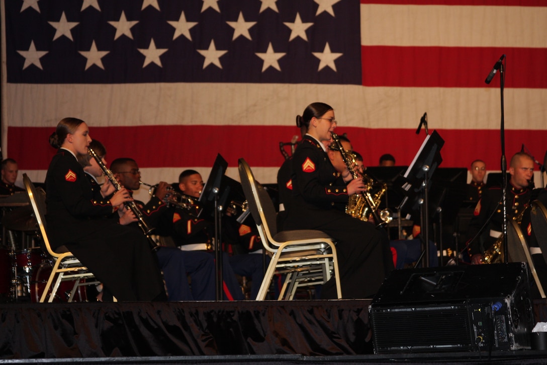 Members of the Combat Center Band perform a series of Christmas and Hanukkah songs for Palm Springs, Calif., residents who attended the Toys for Tots and Food In Need of Distribution toy and food drive at the Palm Springs Convention Center Dec. 9.