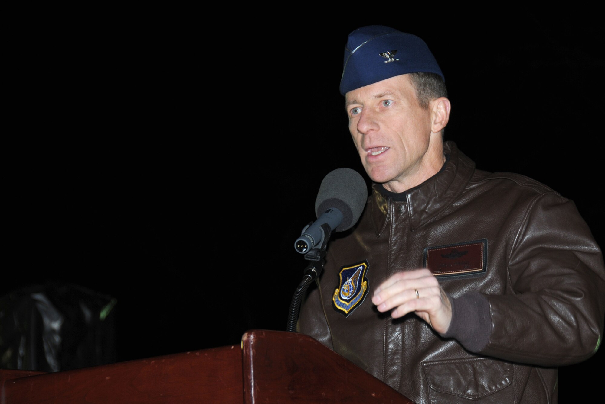MISAWA AIR BASE, Japan -- Col. David Stilwell, 35th Fighter Wing commander, gives a speech during the annual tree lighting ceremony Dec. 5, 2008. In addition, Colonel Stilwell announced the winners of the Christmas Card contest. (U.S. Air Force photo by Senior Airman Laura R. McFarlane)