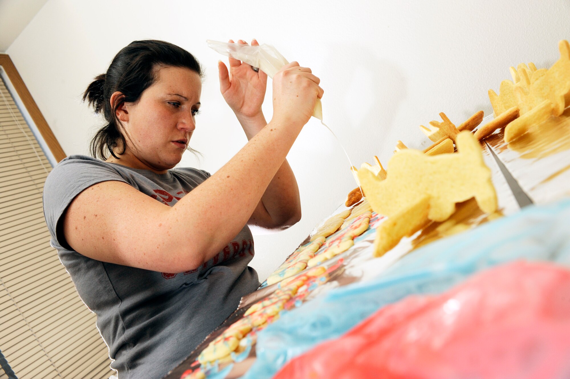 Jessica Cooley spreads icing on top of several cookies in her home Dec. 9, 2008, at Eielson Air Force Base, Alaska. Operation Cookie Crunch is hoping to receive enough cookies to provide for more than 500 single Airmen. Cookies can be dropped off from 7 a.m. to 1 p.m. Dec. 12 at the Yukon Club.  (U.S. Air Force photo/Senior Airman Jonathan Snyder)