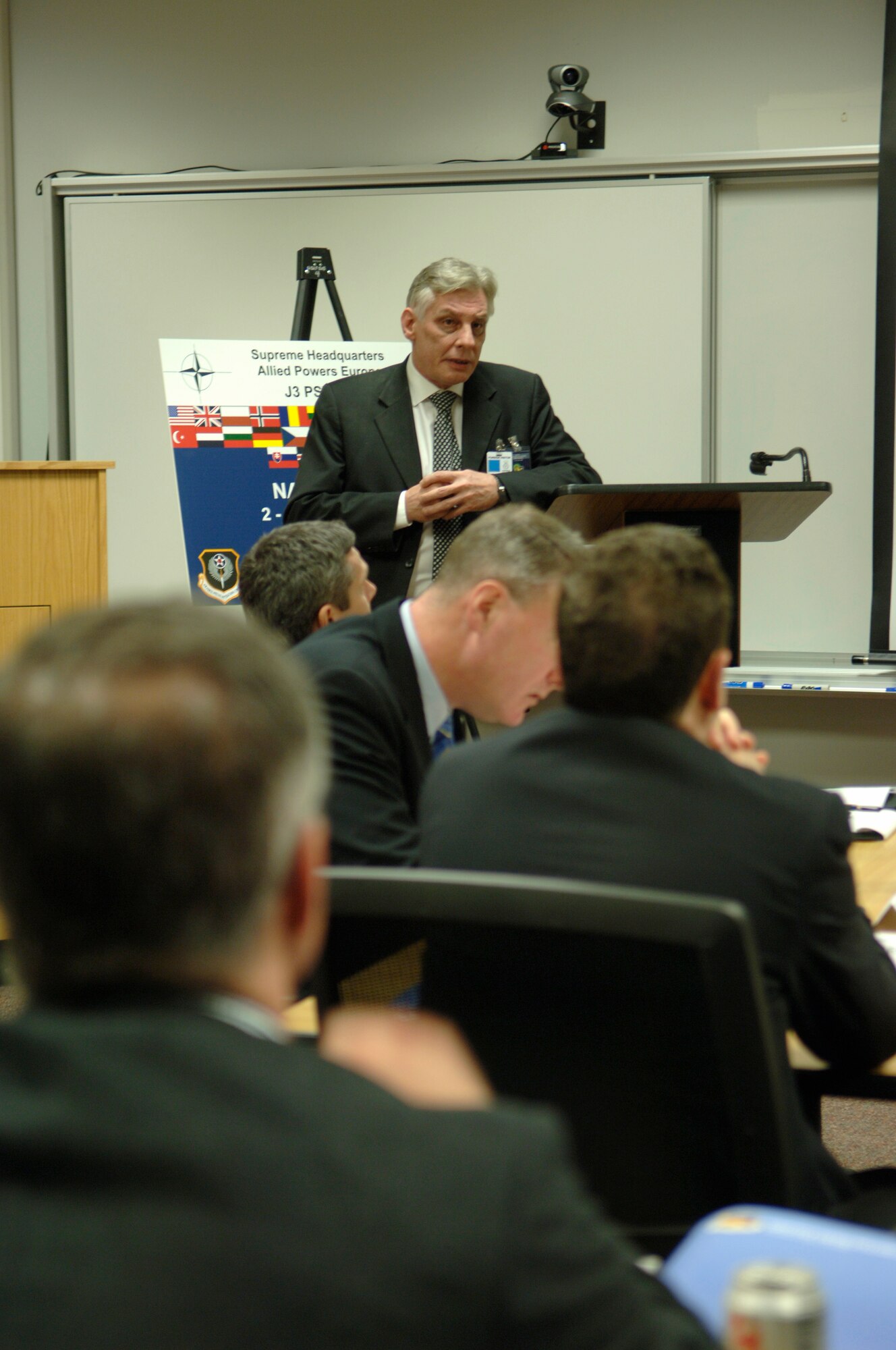 HURLBURT FIELD, Fla. -- Dr. Phil Taylor, Leeds University professor, speaks to NATO senior leaders about Strategic Communication and the War on Terror during the NATO Joint Senior Psychological Operations Strategic Communication Conference (JSPOC) here, Dec. 2, 2008. The 21st Annual NATO JSPOC conference discusses challenges inherent in NATO's roles and missions to discover new approaches in leveraging PSYOPS against asymmetric threat and was held at the Air Force Special Operations School. (U.S. Air Force photo/Senior Airman Sheila DeVera) (RELEASED)