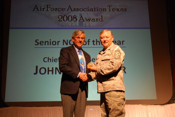 Command Chief Master Sergeant John Shroyer recieved recognition from the Alamo Chapter of the Air Force Association. Because of his dedicated work with AFA and the Alamo Wing, Chief Shroyer wass chosen as the Senior NCO of the year for 2008. (U.S. Air Force Photo/Senior Airman Viola Hernandez)