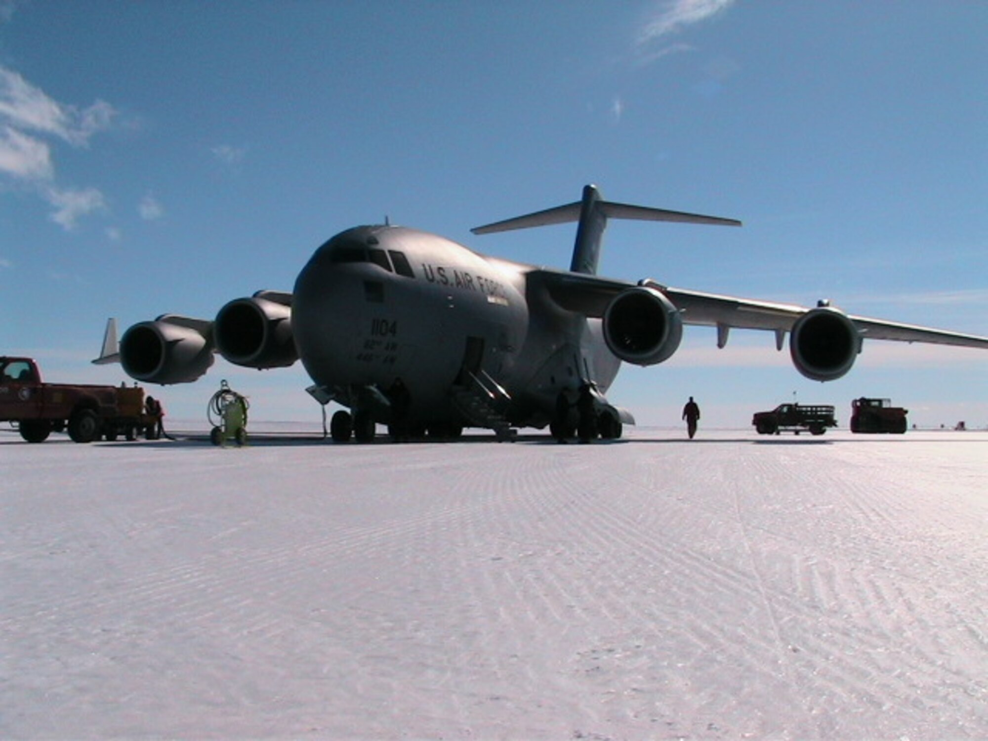 A C-17 Globemaster III sits on the Pegasus ice runway near McMurdo Station, Antarctica Dec. 1. (U.S. Air Force photo/Col. Jeffrey Stephenson)